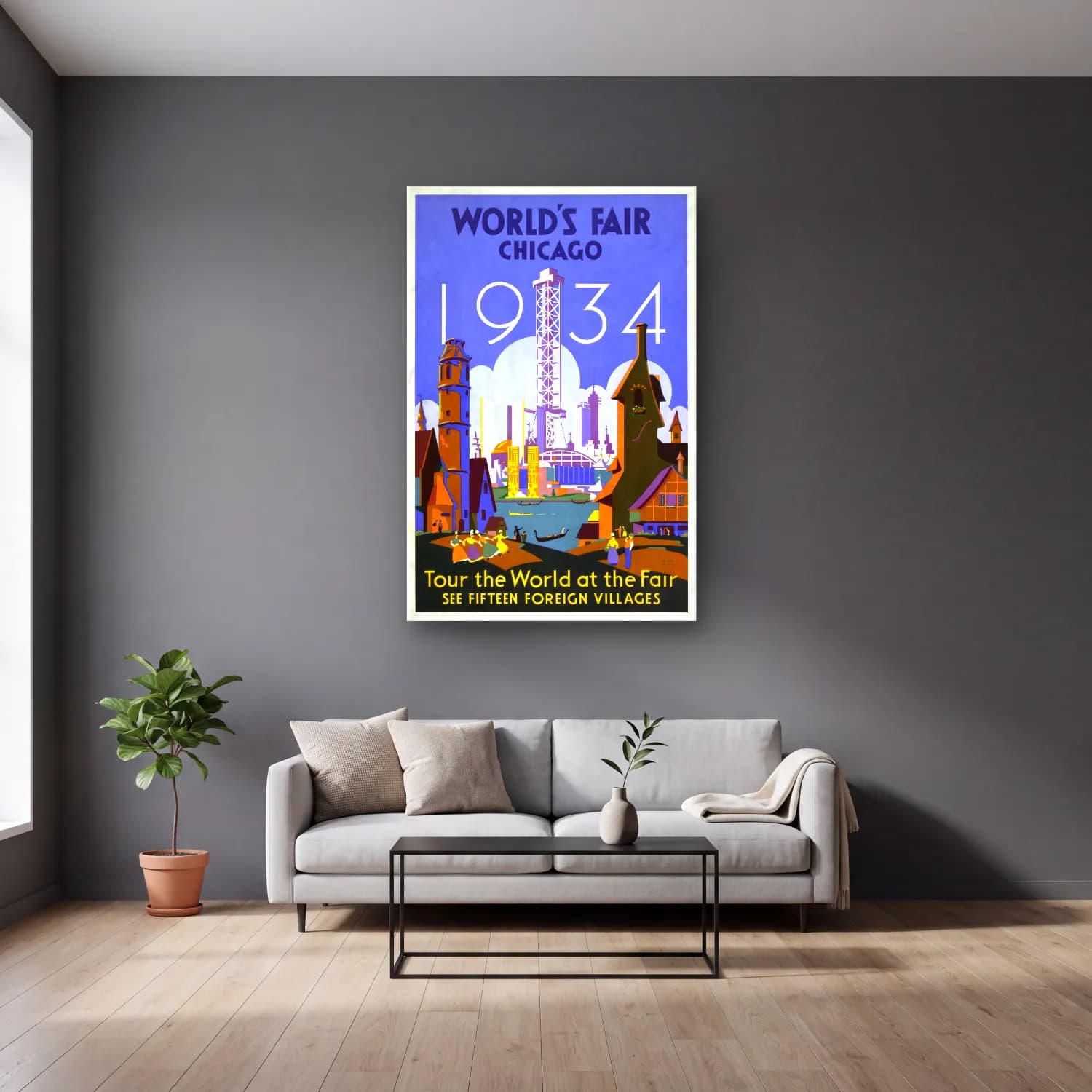 Vintage Poster Londra – Sarı Tonlar cam tablo — gri duvarlı salonda