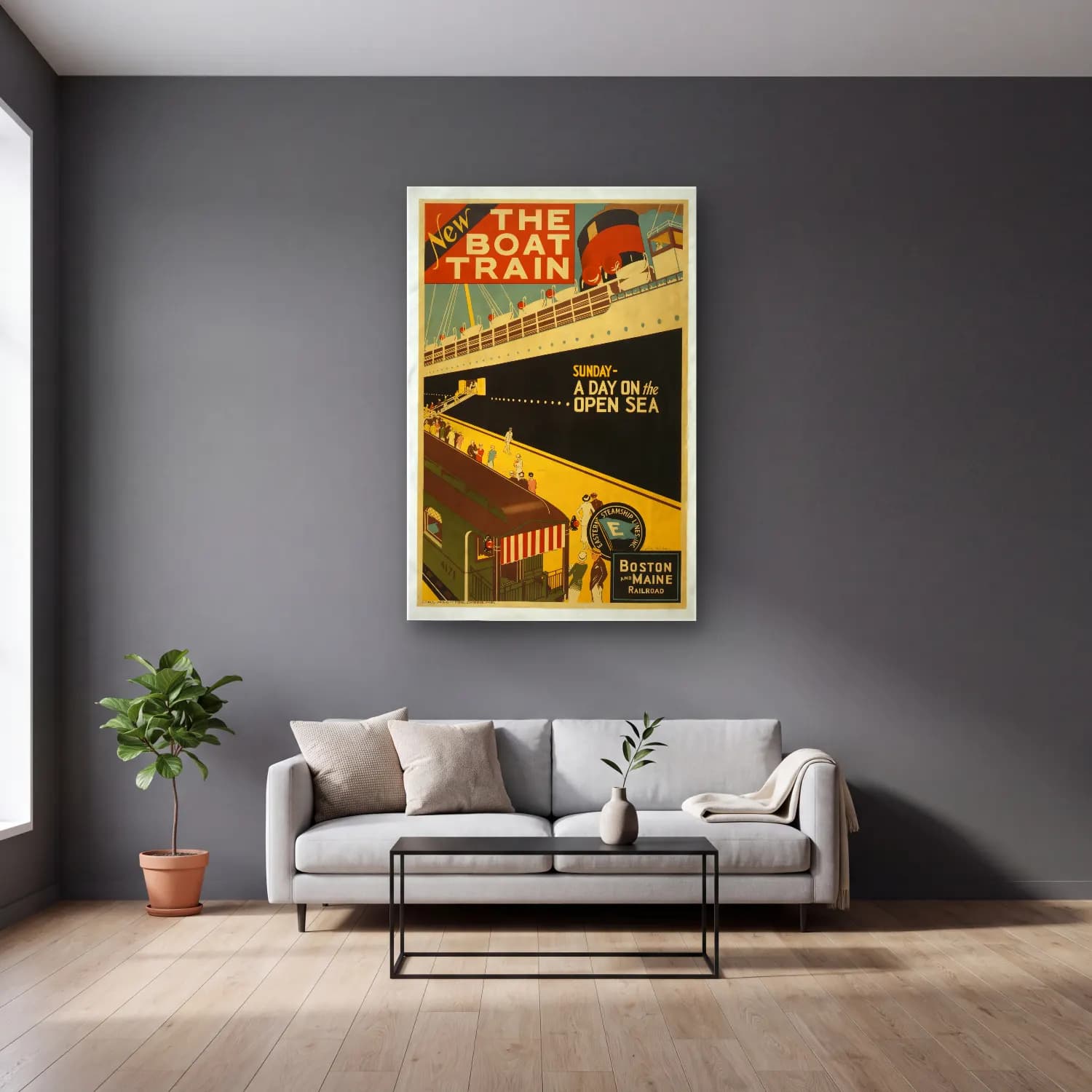 Vintage Poster Tren – Siyah Beyaz Tonlar cam tablo — gri duvarlı salonda