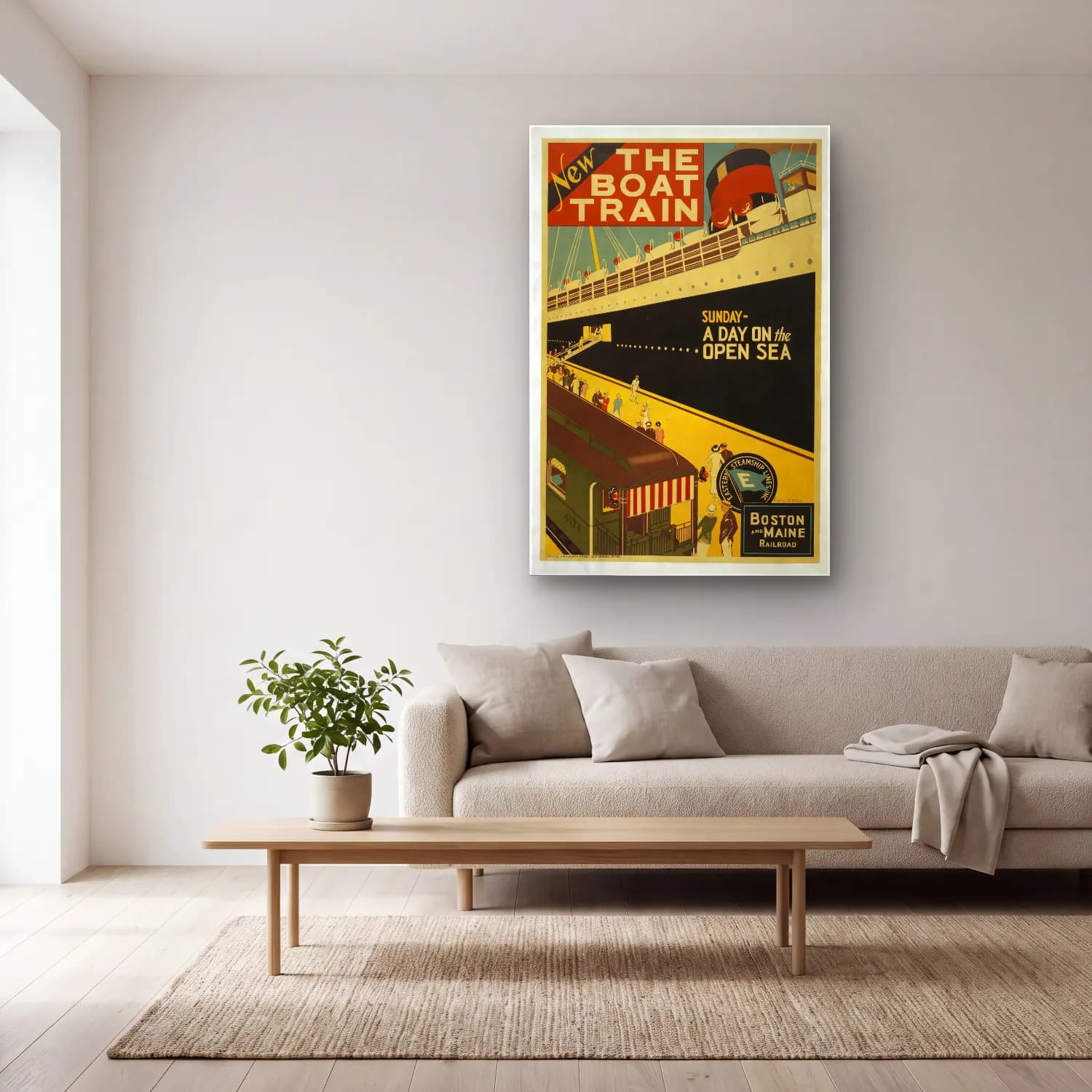 Vintage Poster Tren – Siyah Beyaz Tonlar cam tablo — açık renk salonda