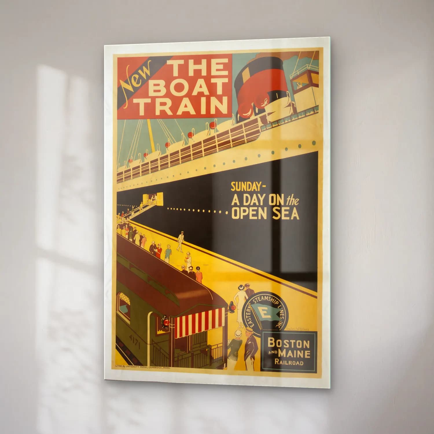 Vintage Poster Tren – Siyah Beyaz Tonlar cam tablo — sağ açıdan görünüm