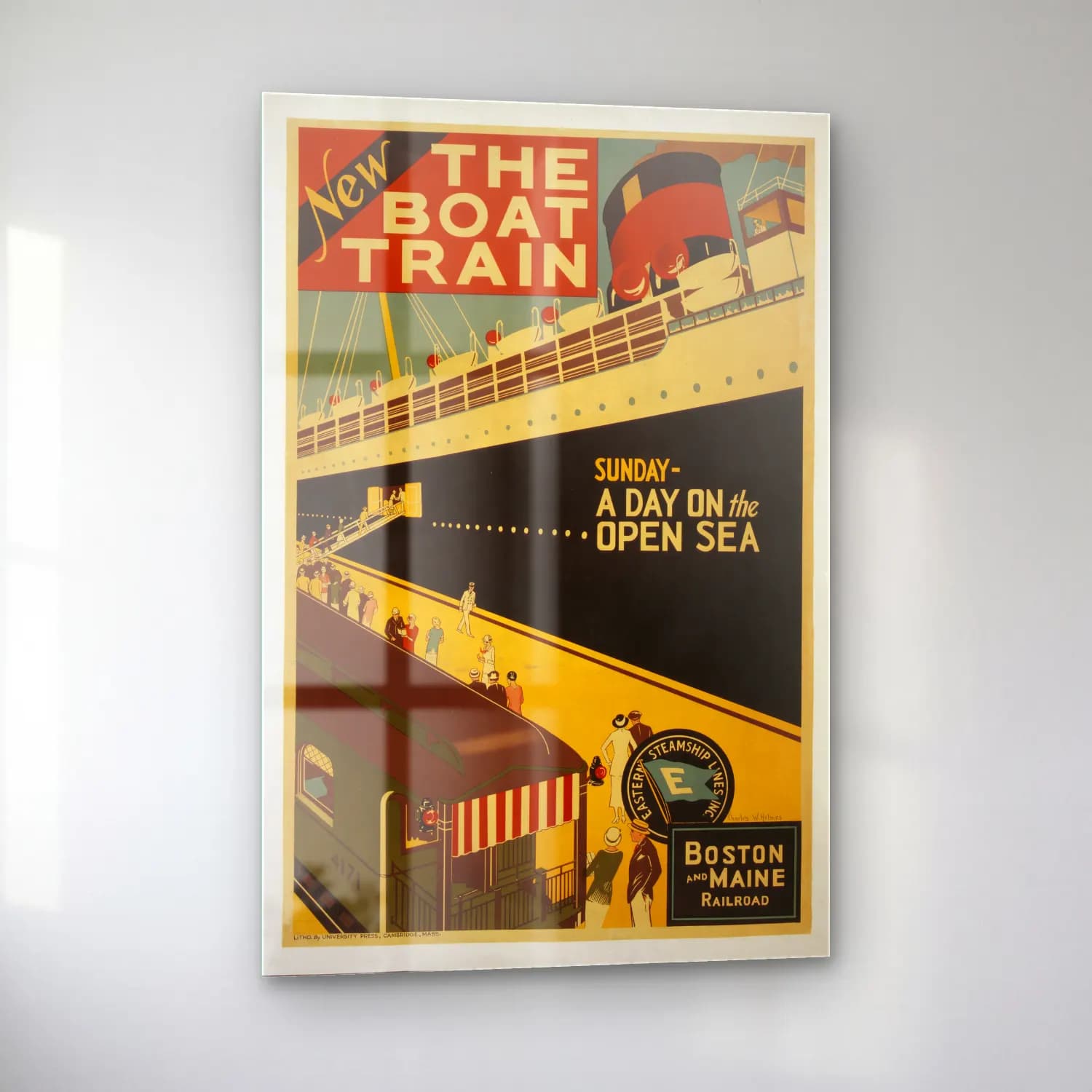 Vintage Poster Tren – Siyah Beyaz Tonlar cam tablo — sol açıdan görünüm