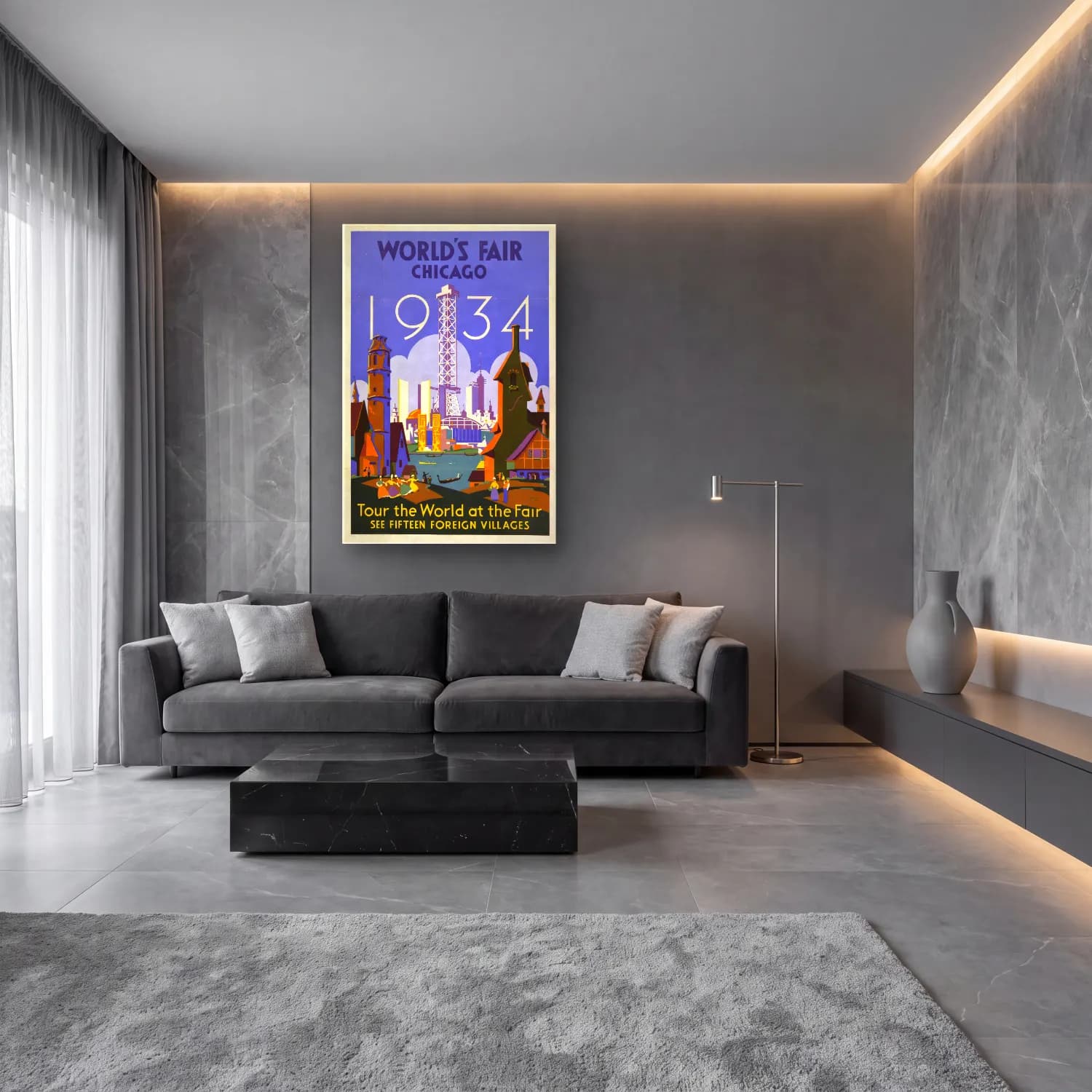 Vintage Poster Gece Şehir No. 15 cam tablo — lüks salon duvarında