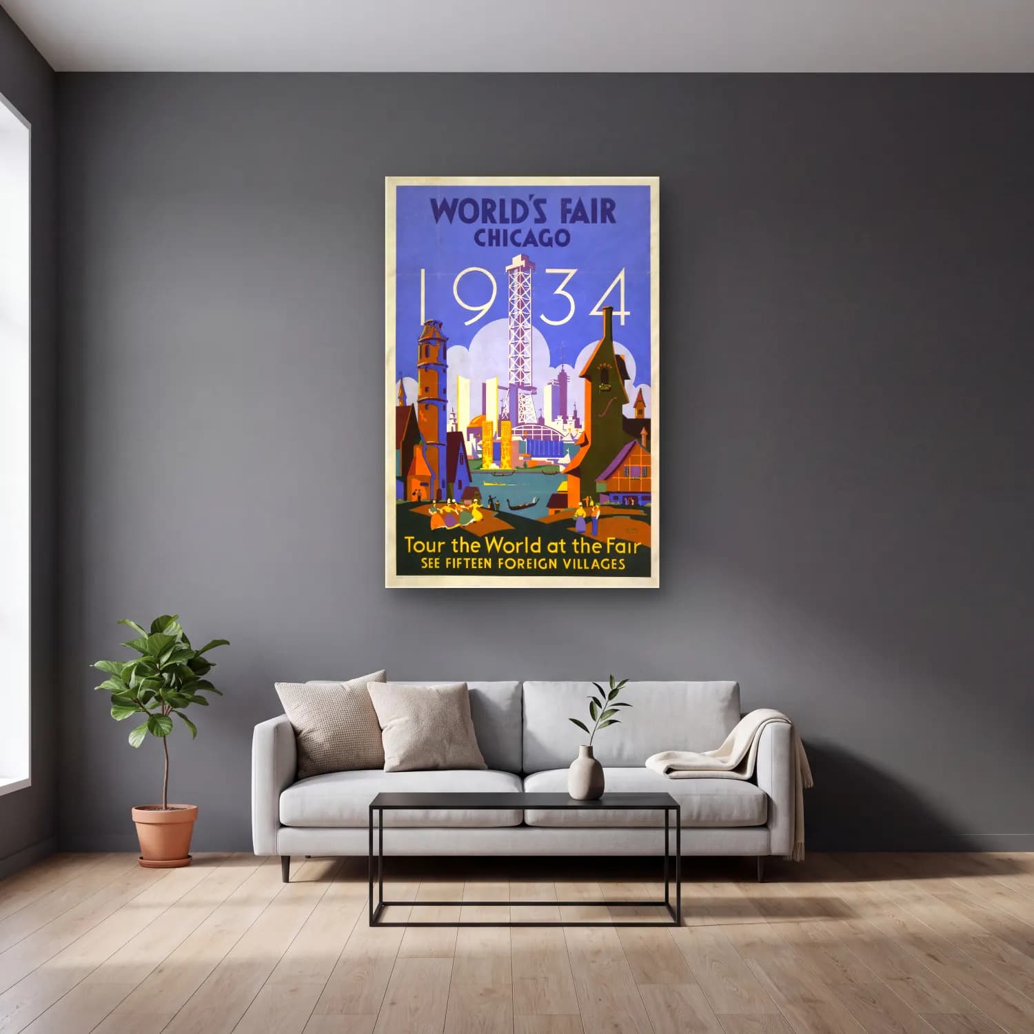 Vintage Poster Gece Şehir No. 15 cam tablo — gri duvarlı salonda