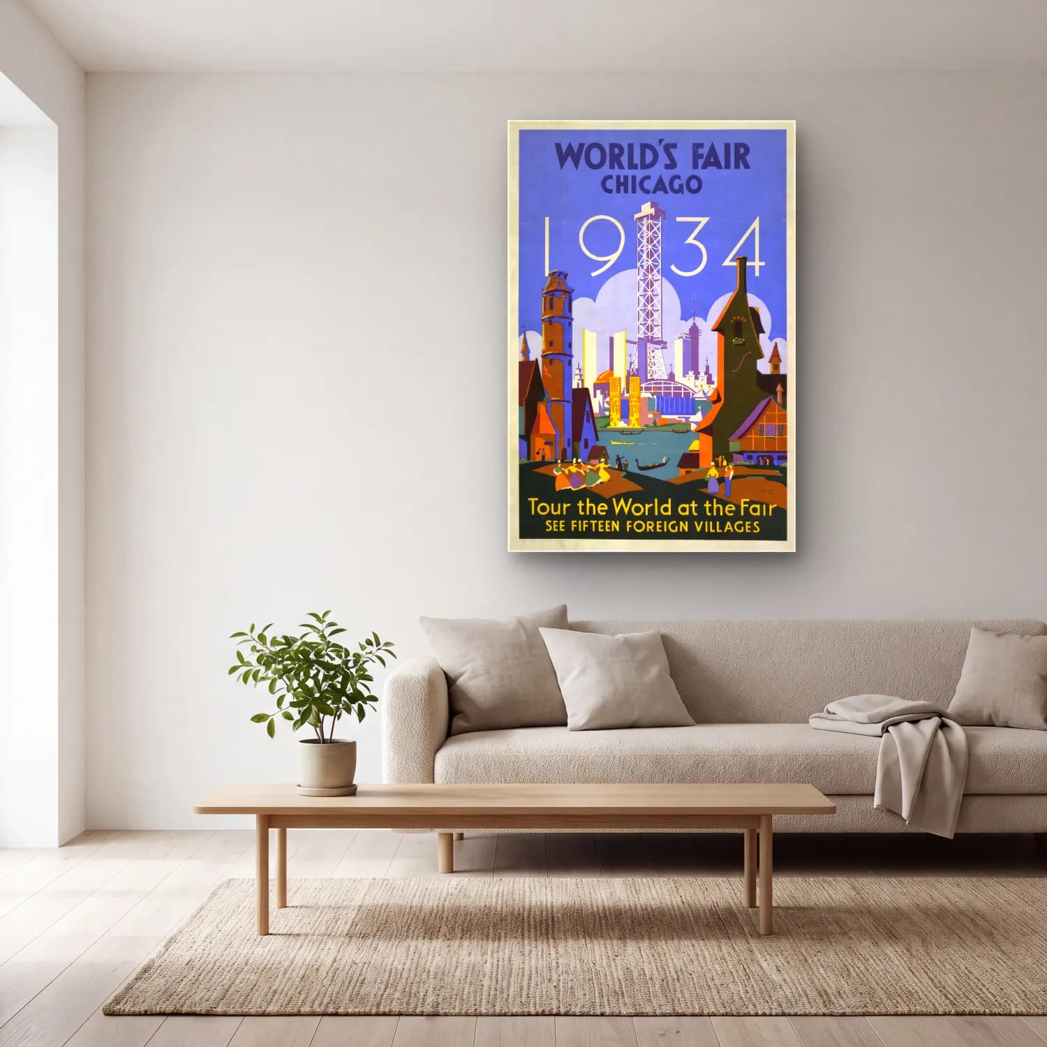 Vintage Poster Gece Şehir No. 15 cam tablo — açık renk salonda