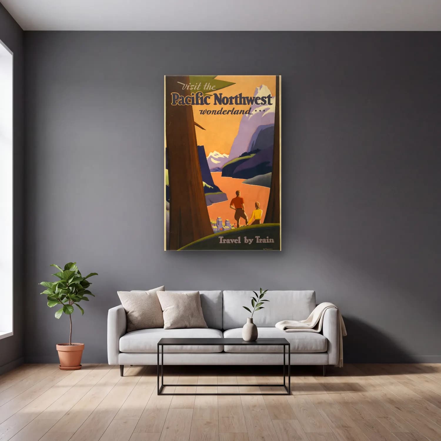 Vintage Poster Dağ Manzarası No. 8 cam tablo — gri duvarlı salonda