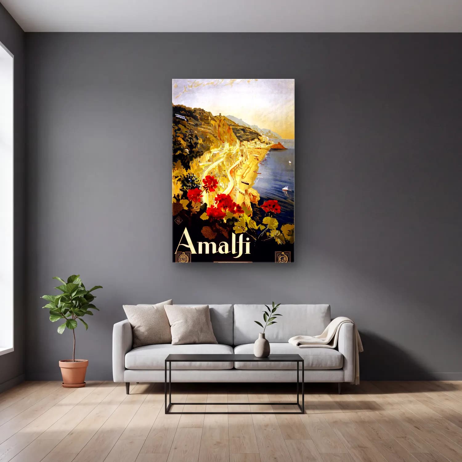 Vintage Poster İtalyan Sahili No. 4 cam tablo — gri duvarlı salonda