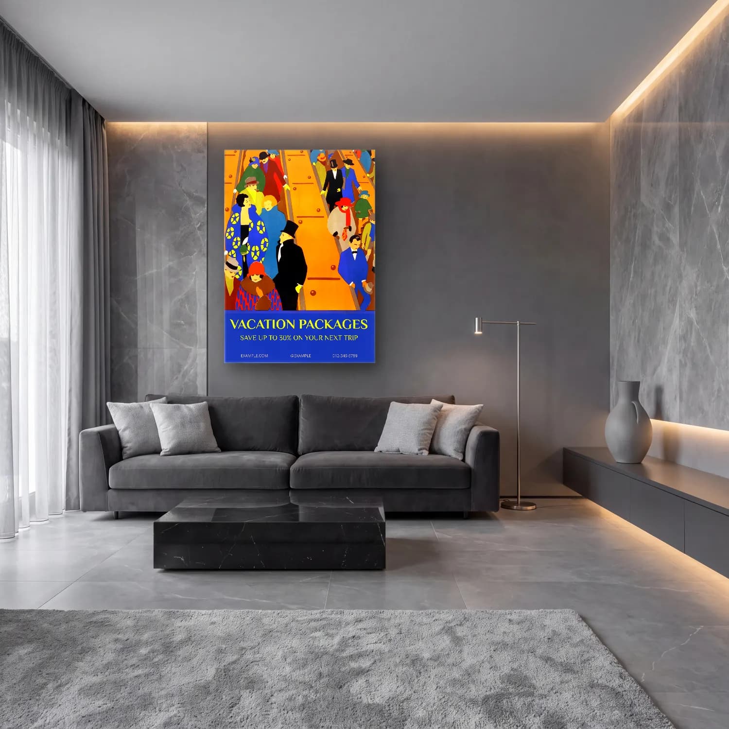 Vintage Poster Plaj Şemsiyeleri – Sarı Tonlar cam tablo — lüks salon duvarında