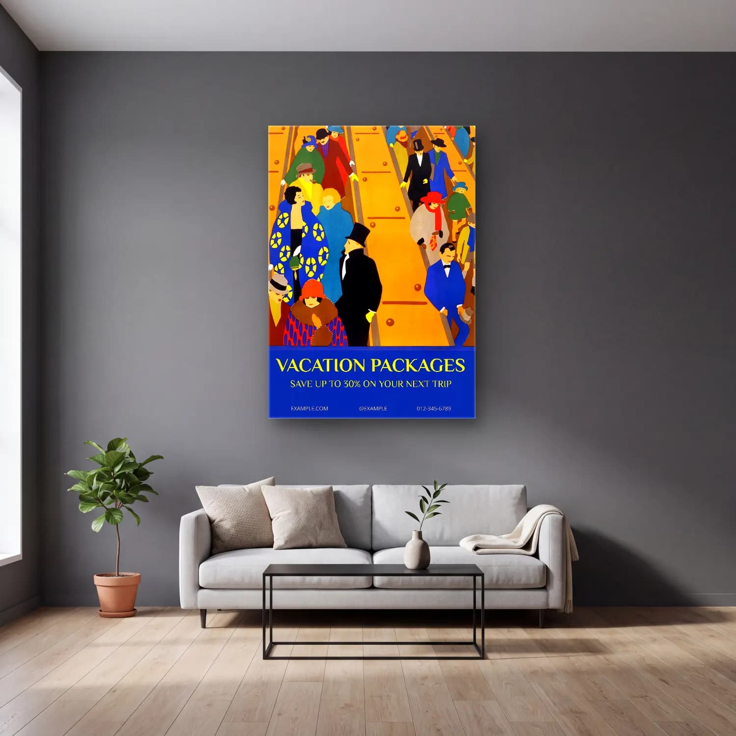 Vintage Poster Plaj Şemsiyeleri – Sarı Tonlar cam tablo — gri duvarlı salonda