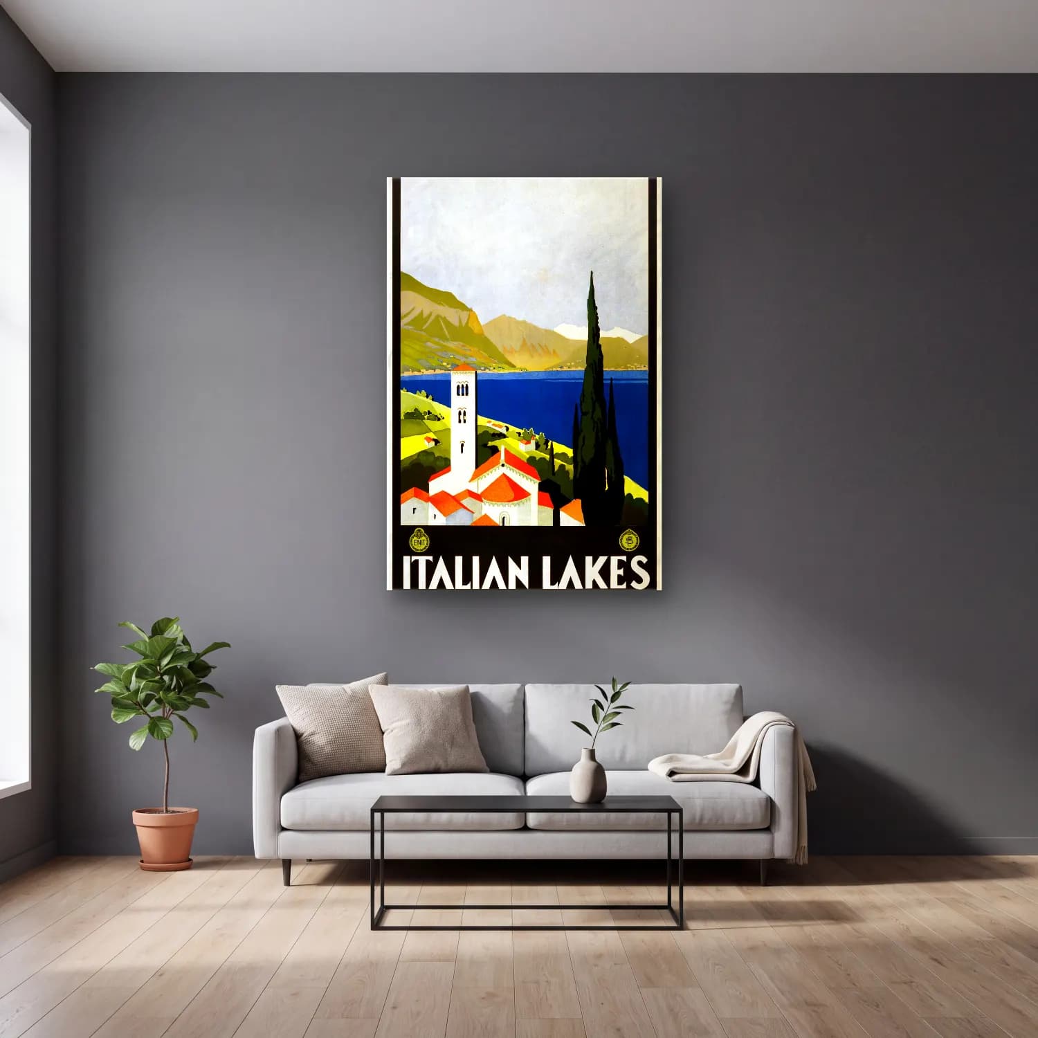 Vintage Poster Akdeniz Sahil Kasabası No. 27 cam tablo — gri duvarlı salonda