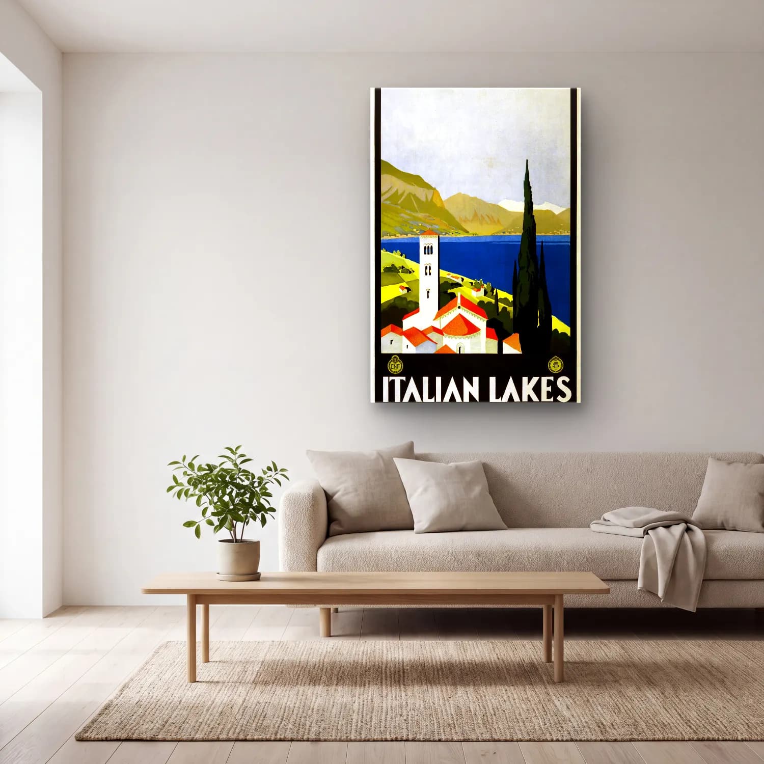 Vintage Poster Akdeniz Sahil Kasabası No. 27 cam tablo — açık renk salonda