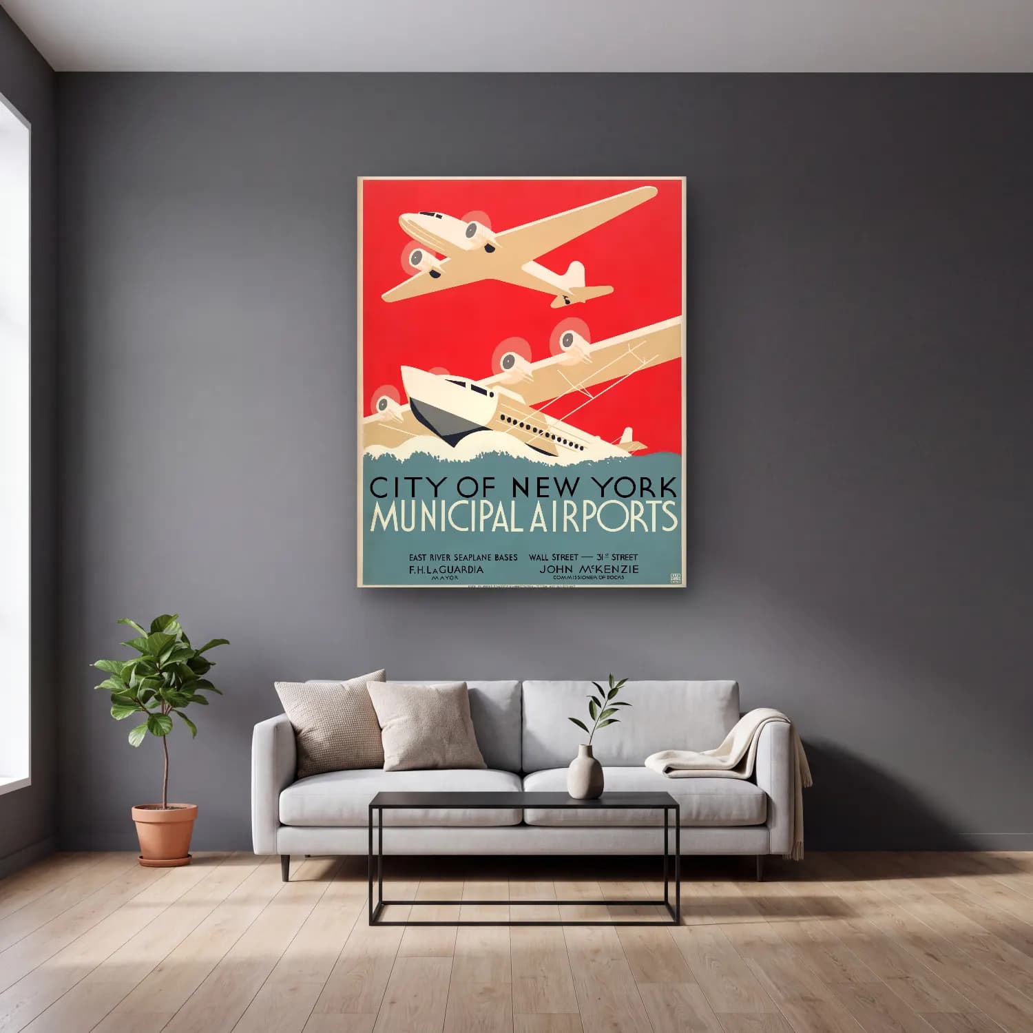 Vintage Poster Uçak – Kırmızı Tonlar cam tablo — gri duvarlı salonda