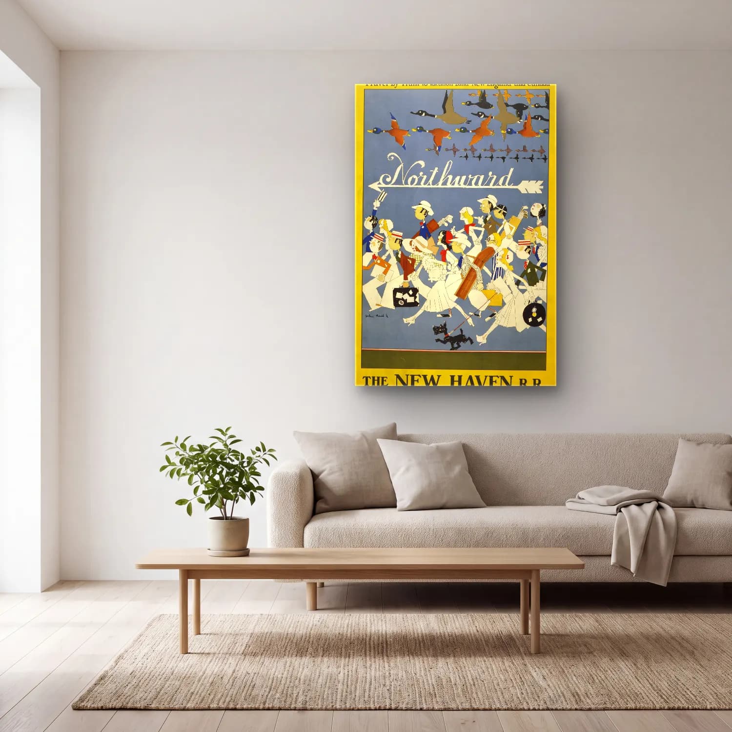 Vintage Poster Uçak No. 6 cam tablo — açık renk salonda