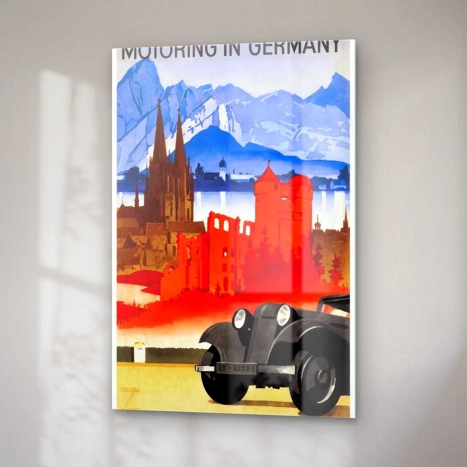 Vintage Poster Klasik Araba – Kırmızı Tonlar cam tablo — sağ açıdan görünüm