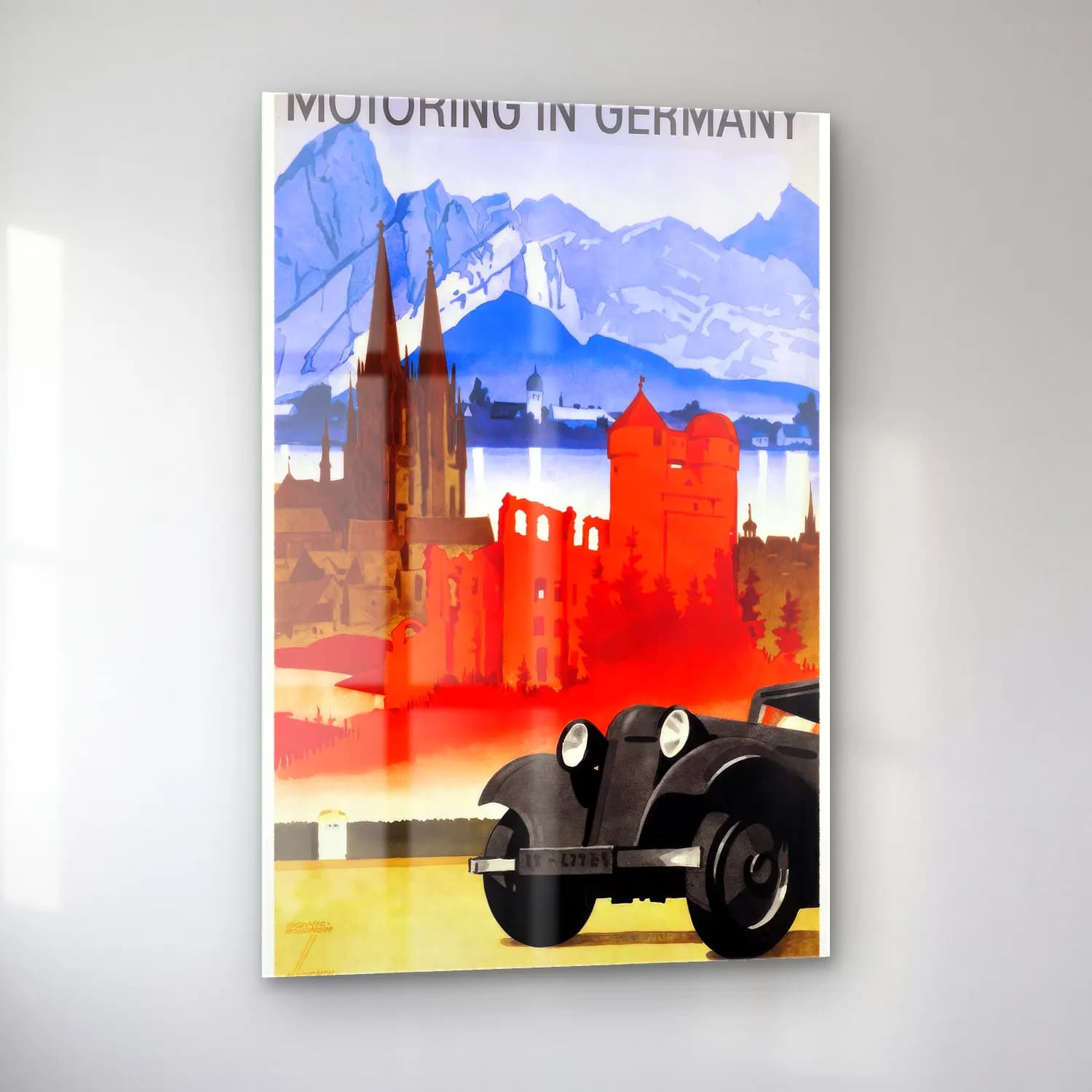 Vintage Poster Klasik Araba – Kırmızı Tonlar cam tablo — sol açıdan görünüm