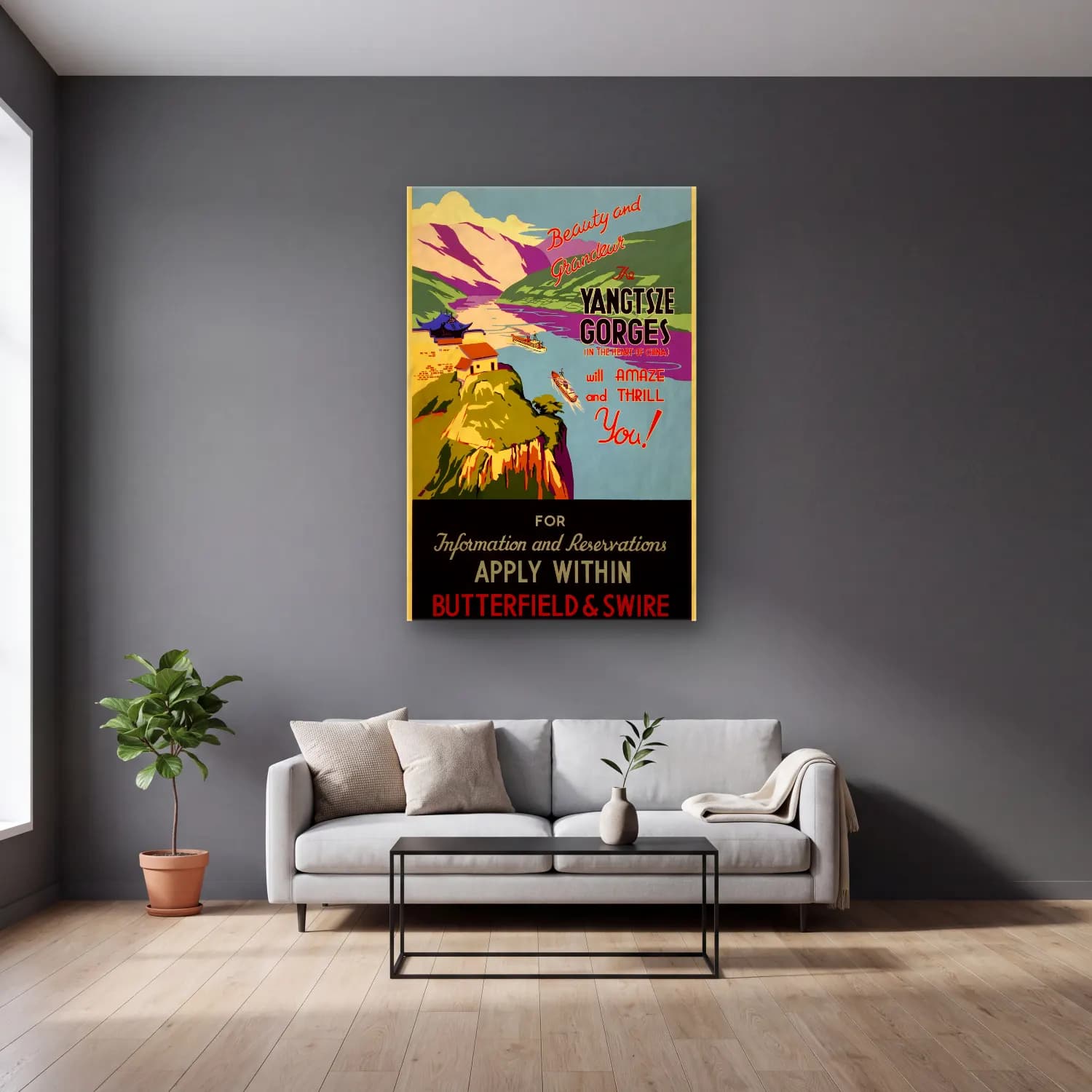 Vintage Poster Yazılı Tasarım – Turkuaz Tonlar cam tablo — gri duvarlı salonda