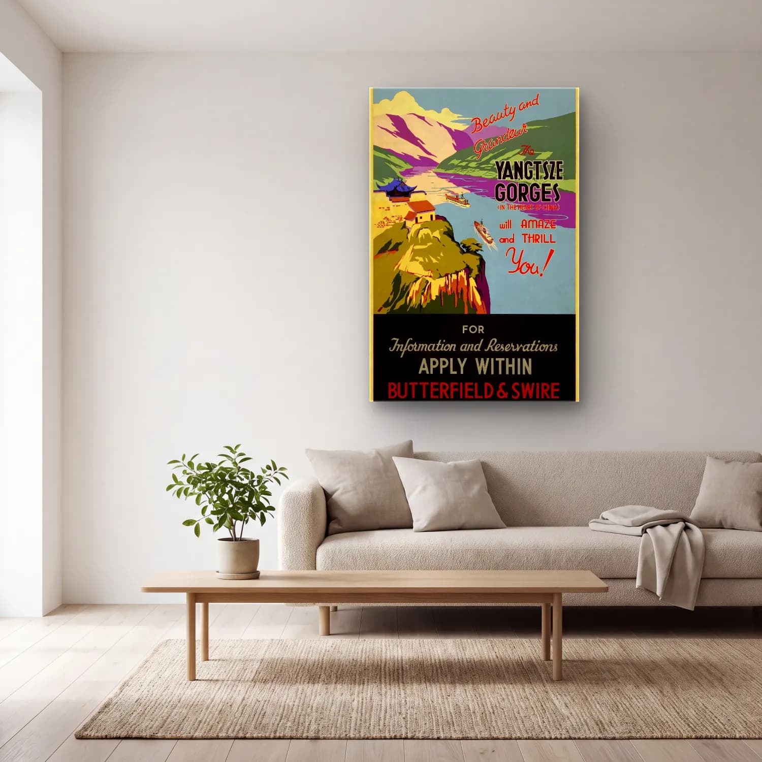 Vintage Poster Yazılı Tasarım – Turkuaz Tonlar cam tablo — açık renk salonda