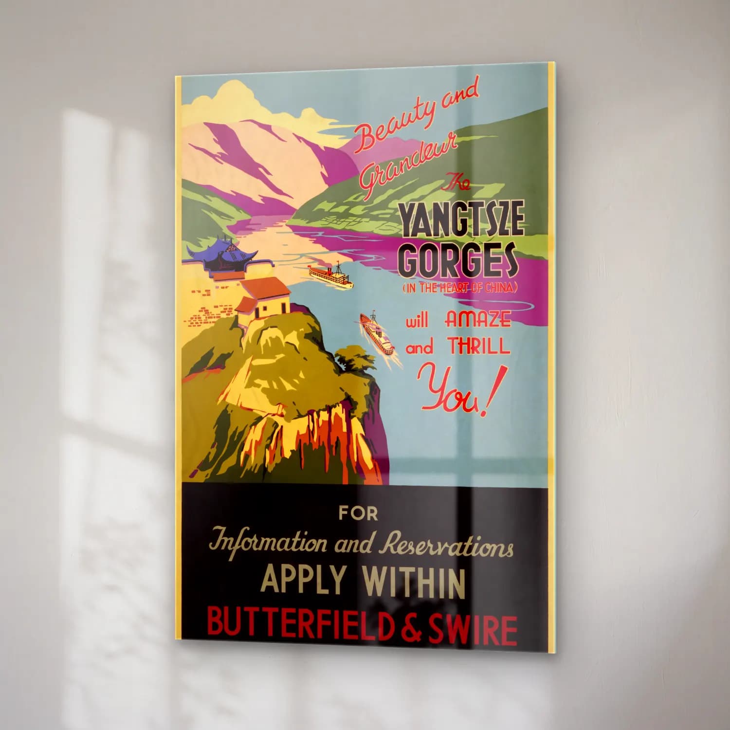 Vintage Poster Yazılı Tasarım – Turkuaz Tonlar cam tablo — sağ açıdan görünüm