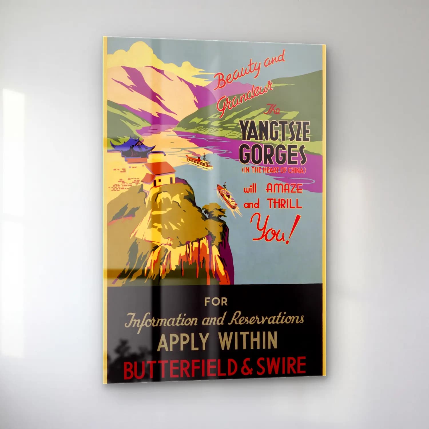 Vintage Poster Yazılı Tasarım – Turkuaz Tonlar cam tablo — sol açıdan görünüm