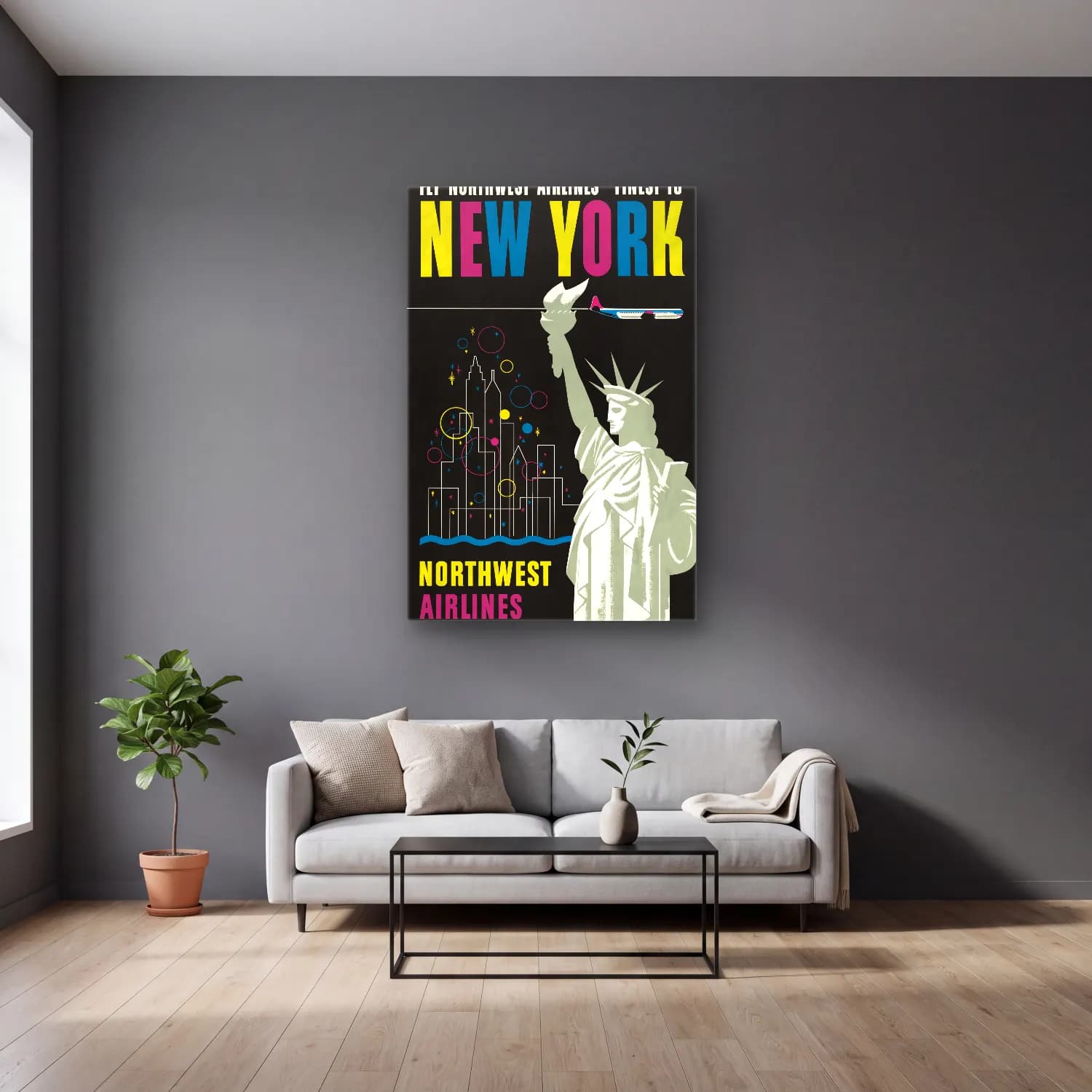 Vintage Poster New York Silüeti No. 14 cam tablo — gri duvarlı salonda