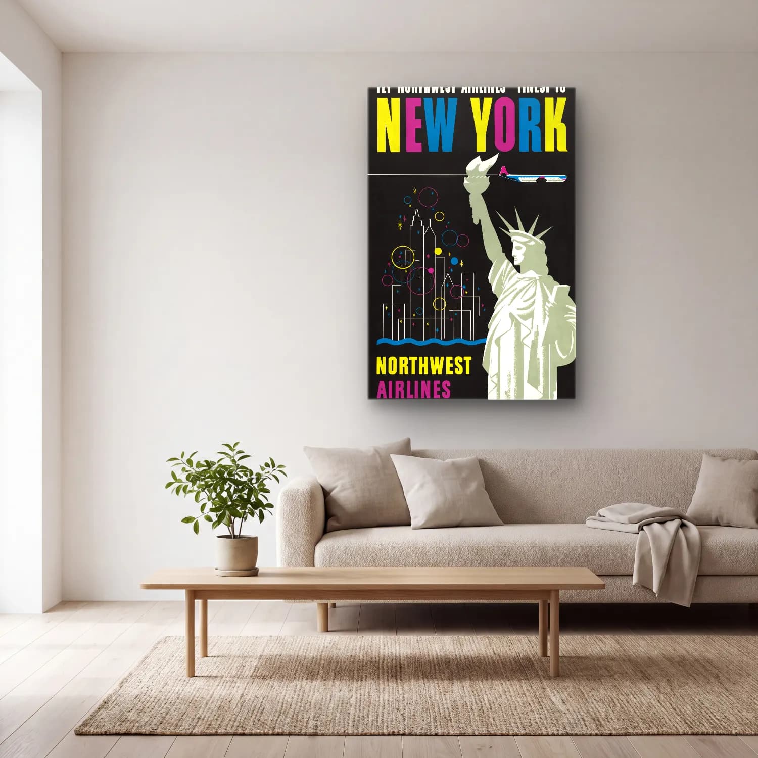 Vintage Poster New York Silüeti No. 14 cam tablo — açık renk salonda