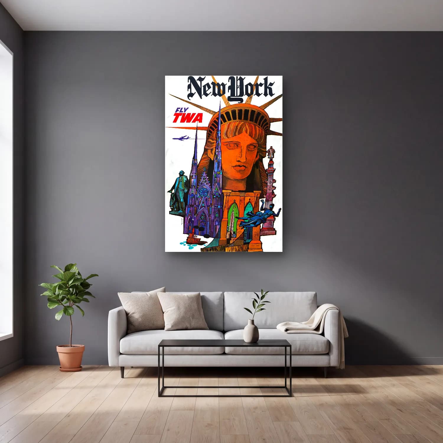 Vintage Poster Uçak – Turuncu Tonlar cam tablo — gri duvarlı salonda