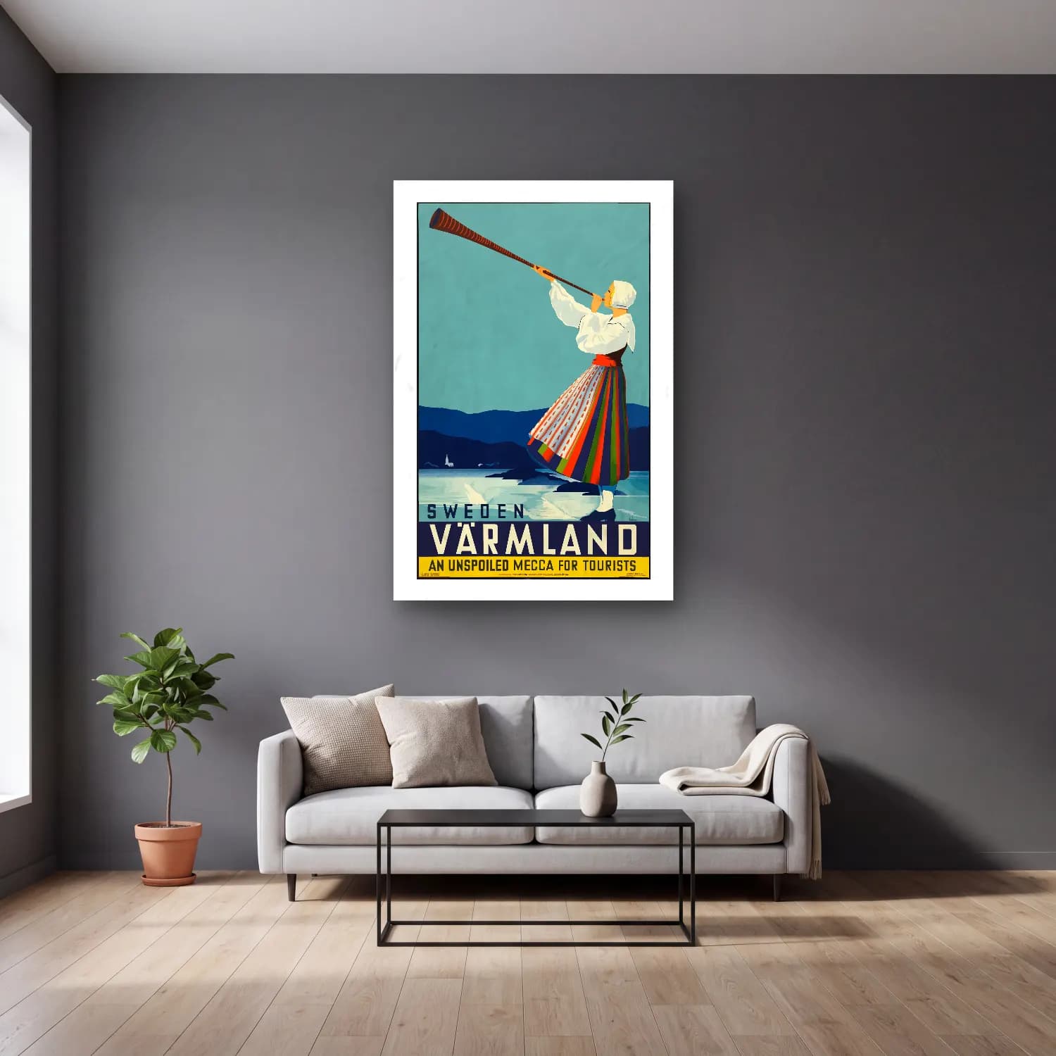Vintage Poster Kayak – Turkuaz Tonlar cam tablo — gri duvarlı salonda