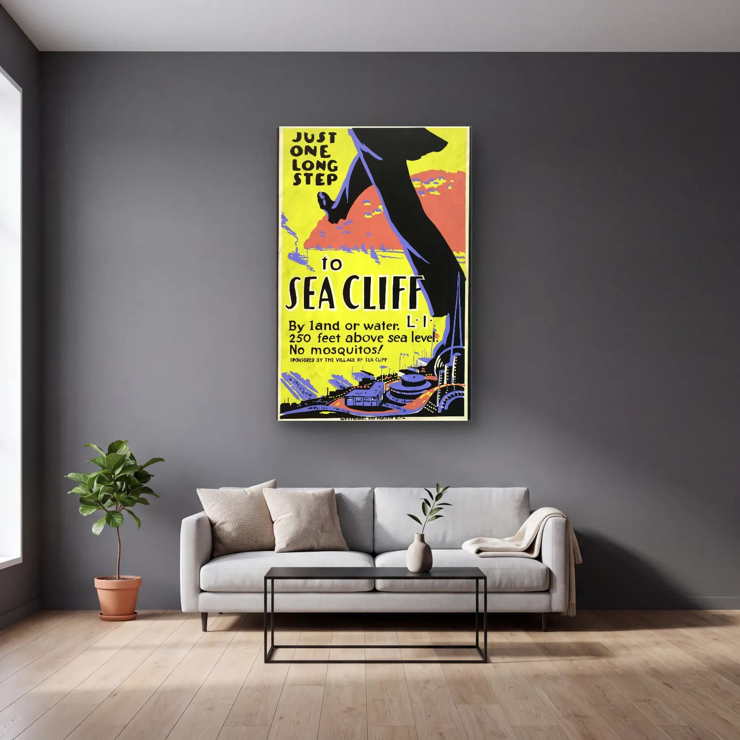 Vintage Poster Deniz Feneri cam tablo — gri duvarlı salonda