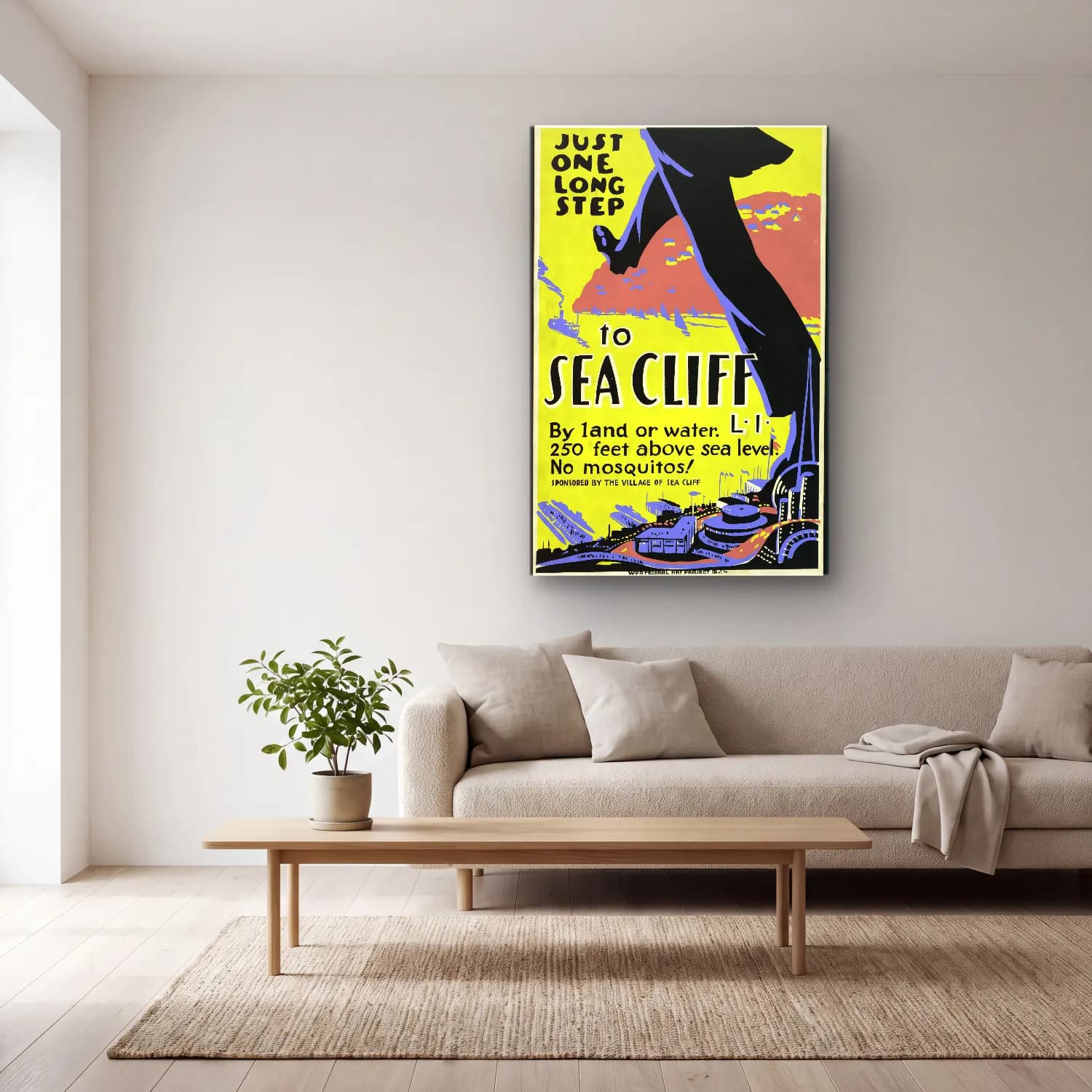 Vintage Poster Deniz Feneri cam tablo — açık renk salonda