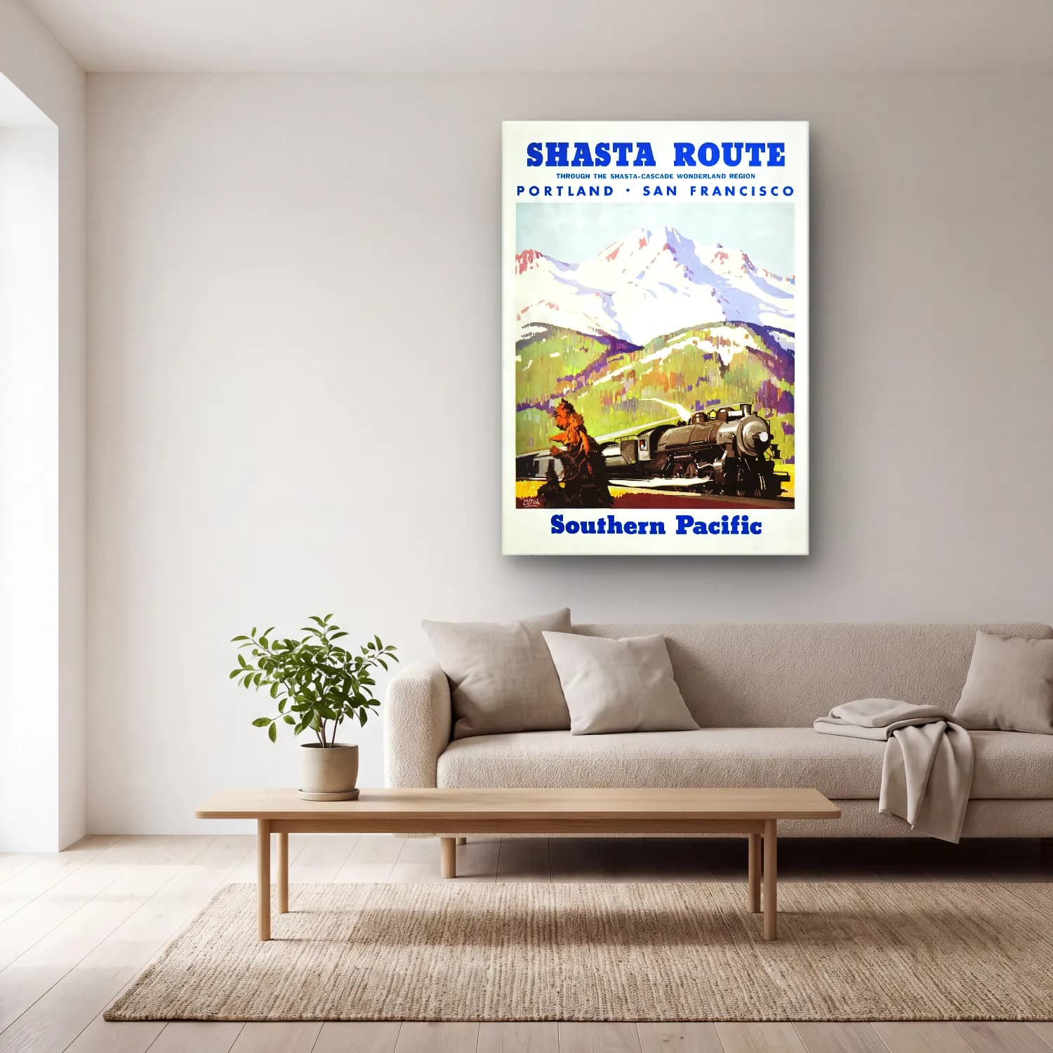 Vintage Poster Tren No. 13 cam tablo — açık renk salonda