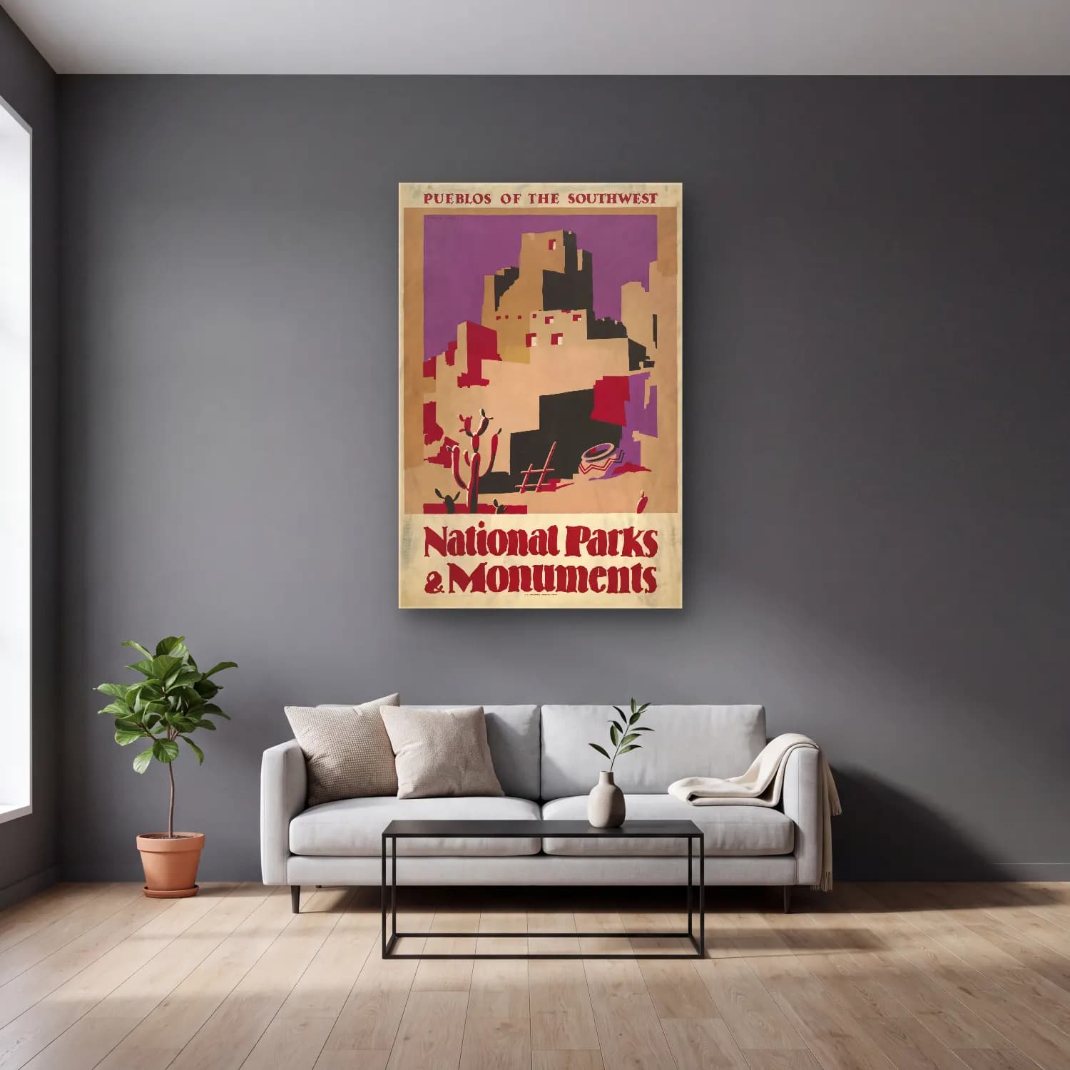Vintage Poster Antik Kalıntılar – Mor Tonlar cam tablo — gri duvarlı salonda