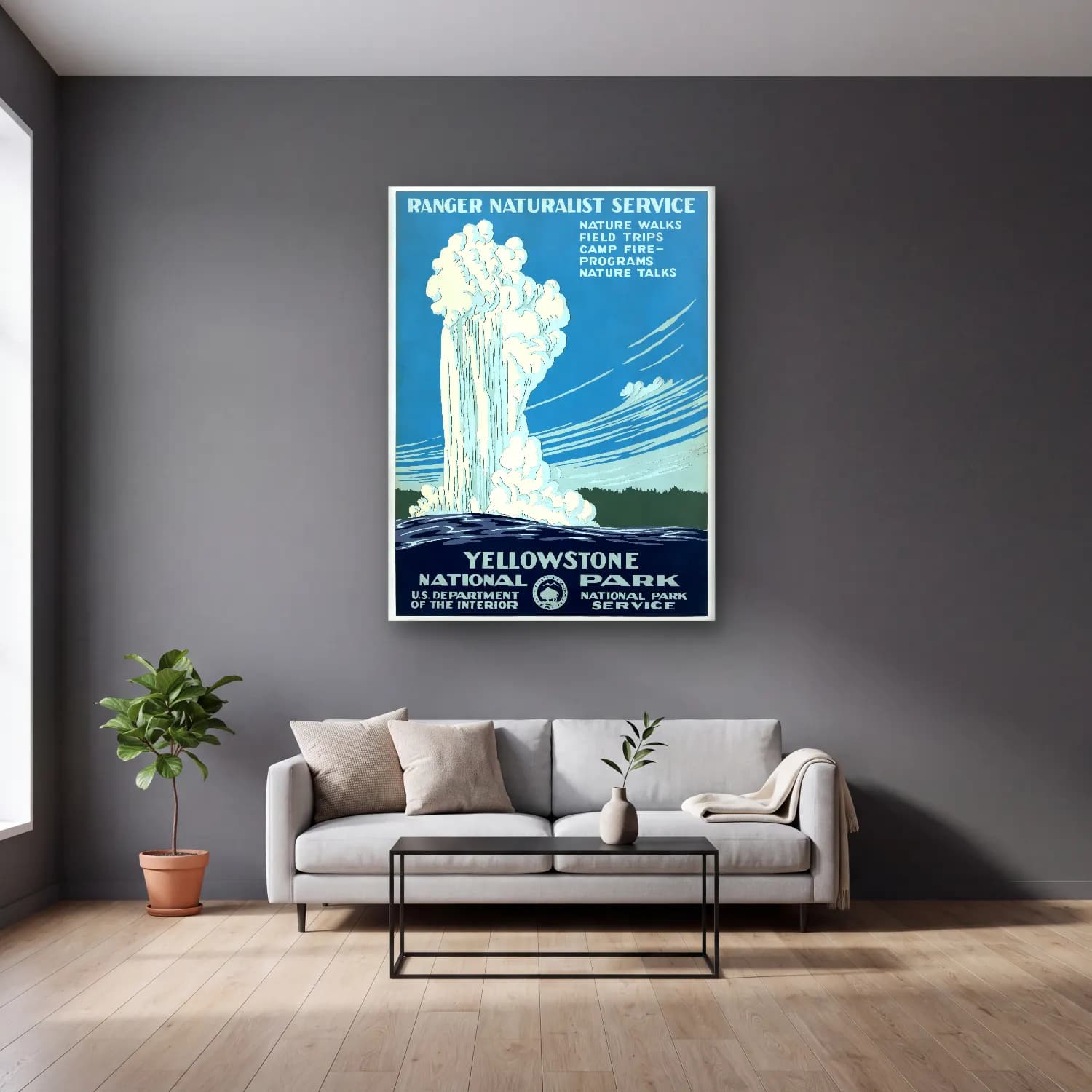 Vintage Poster Şelale – Sarı Tonlar cam tablo — gri duvarlı salonda