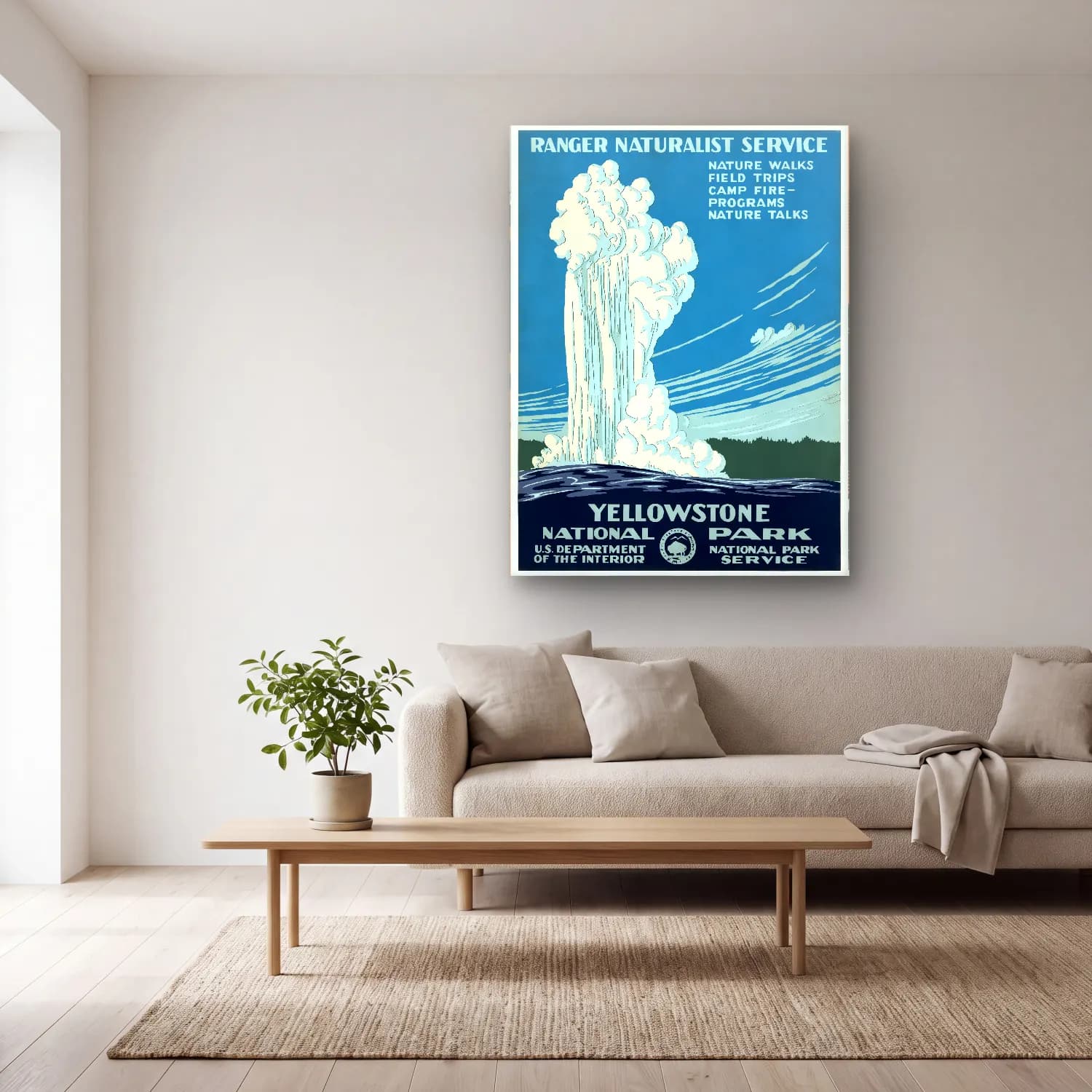 Vintage Poster Şelale – Sarı Tonlar cam tablo — açık renk salonda