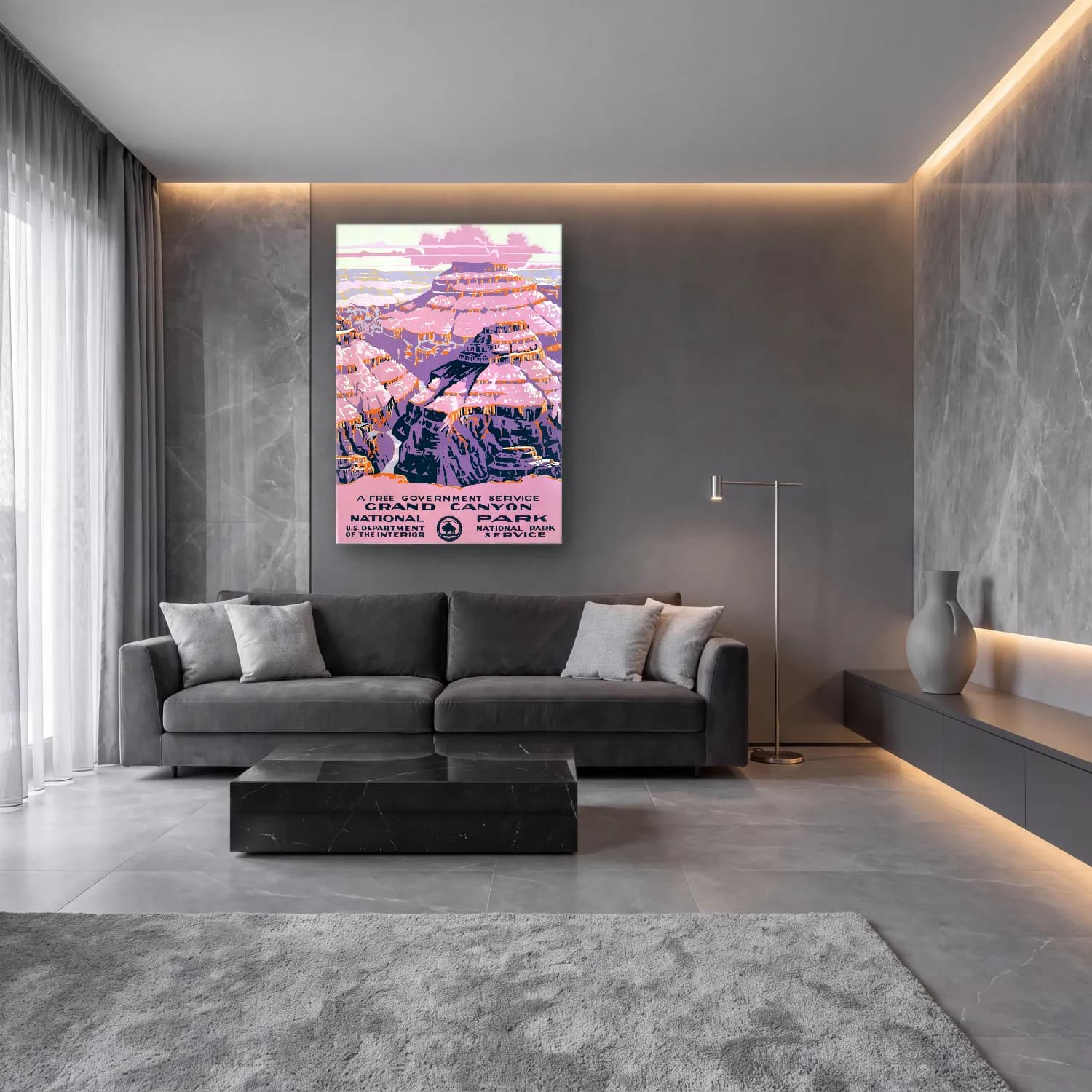 Vintage Poster Dağ Manzarası – Pembe Tonlar cam tablo — lüks salon duvarında