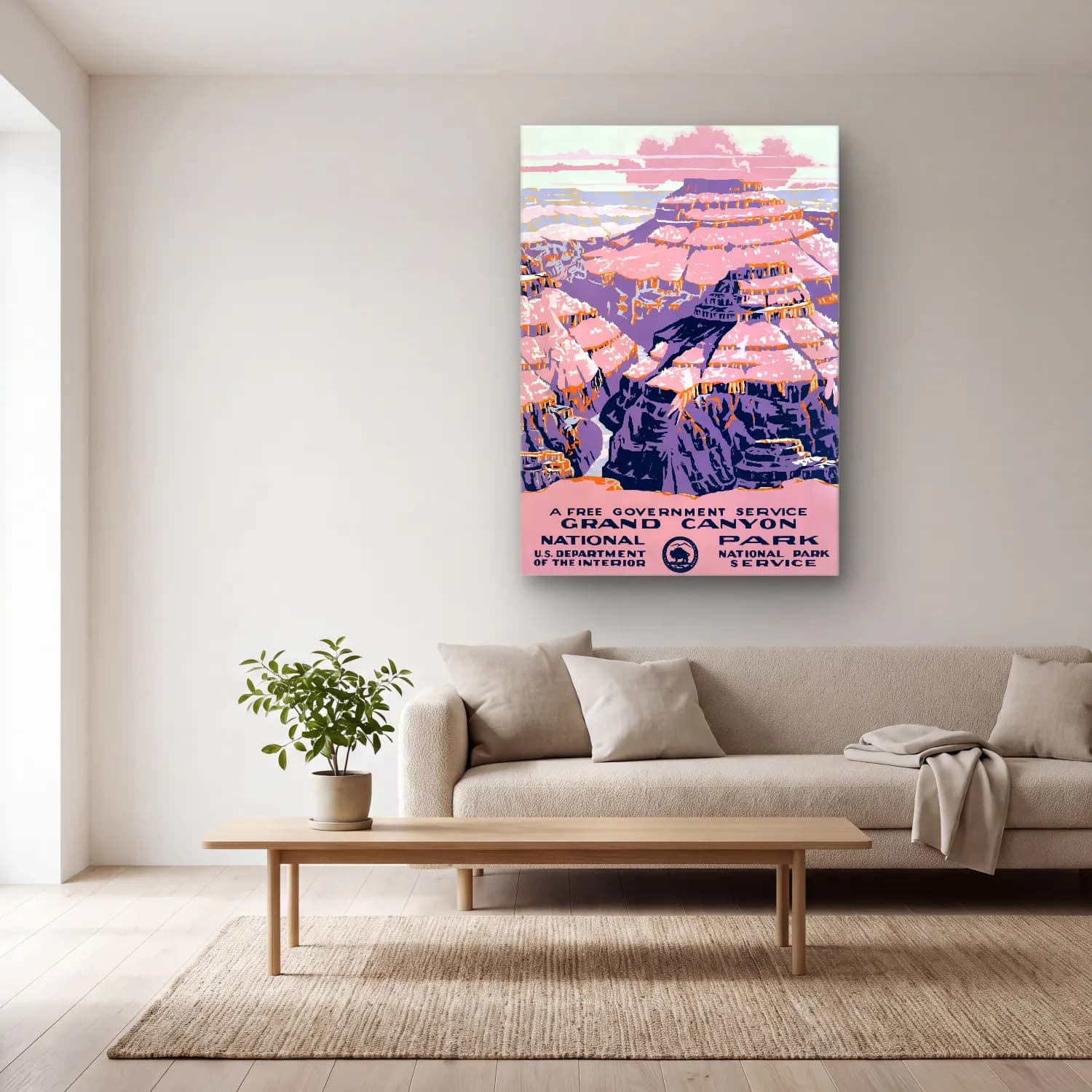 Vintage Poster Dağ Manzarası – Pembe Tonlar cam tablo — açık renk salonda