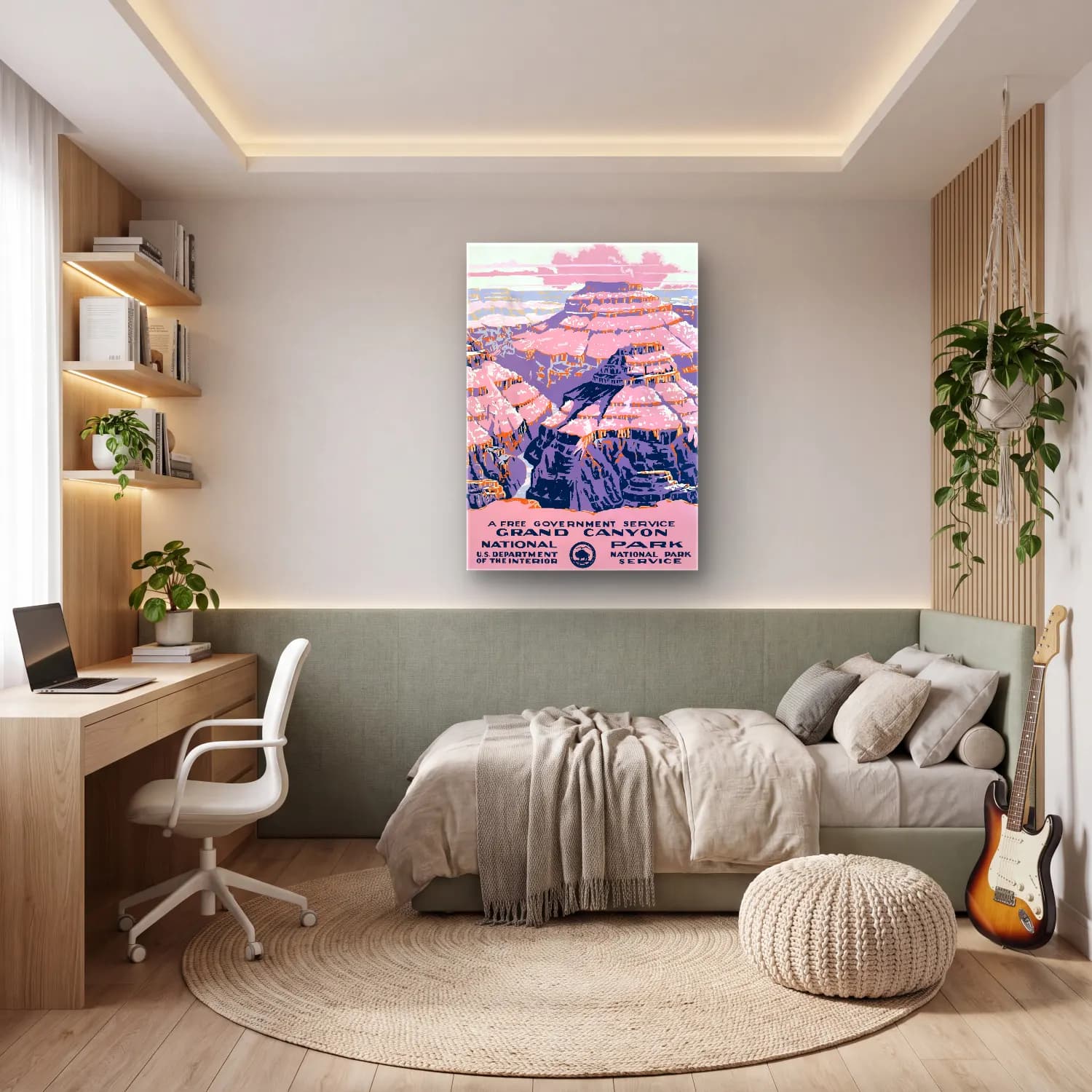 Vintage Poster Dağ Manzarası – Pembe Tonlar cam tablo — genç odasında