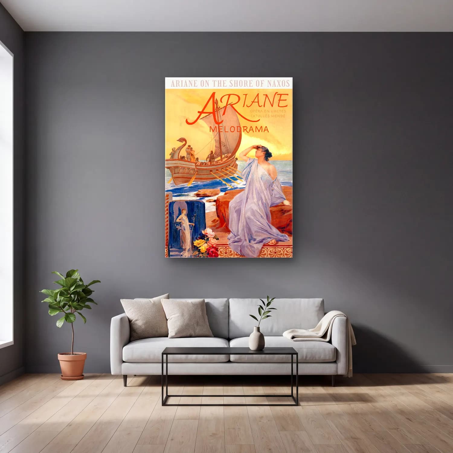 Vintage Poster Mitolojik Sahne No. 4 cam tablo — gri duvarlı salonda