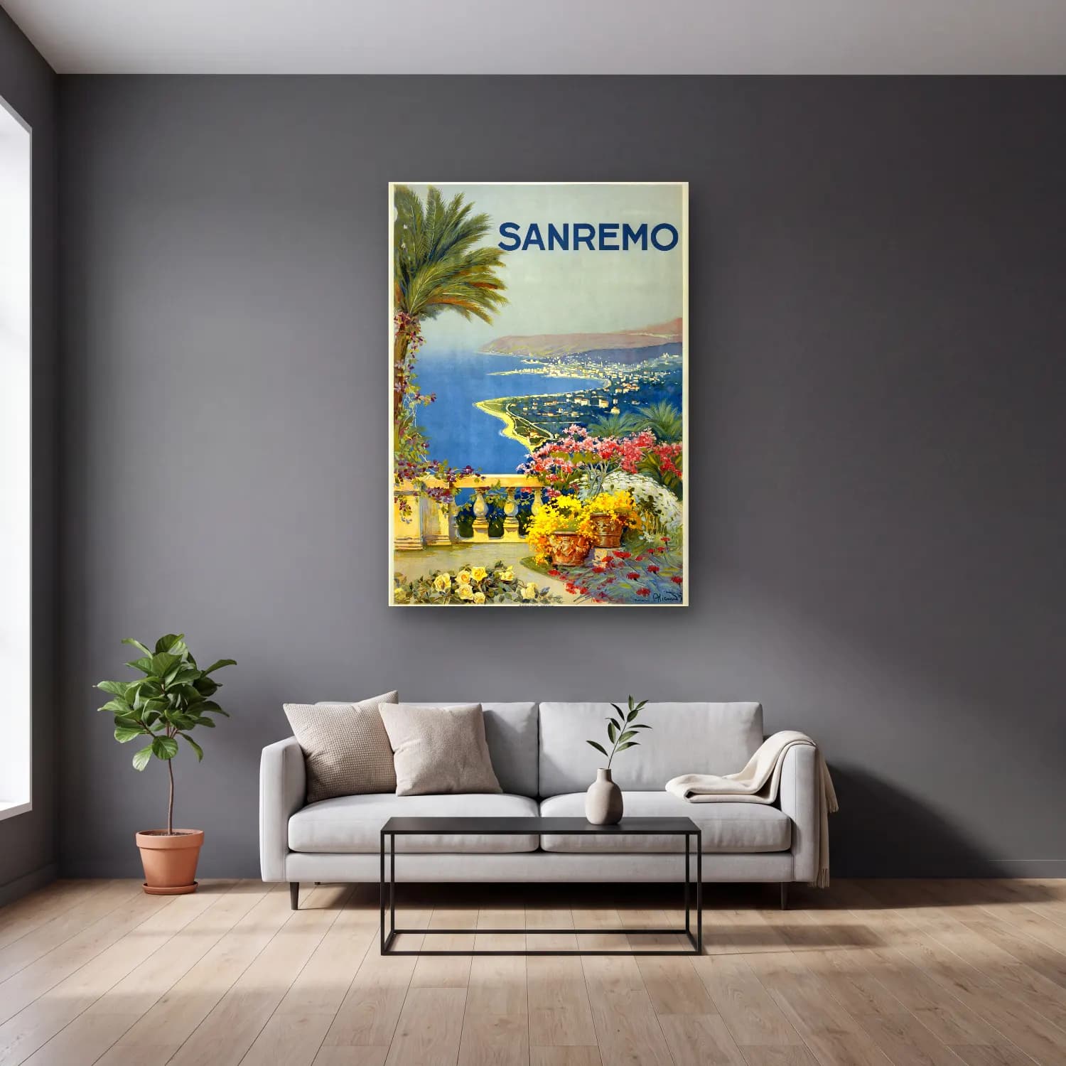 Vintage Poster Akdeniz Sahil Kasabası No. 28 cam tablo — gri duvarlı salonda