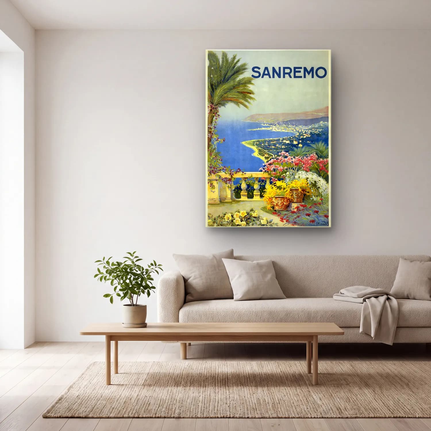 Vintage Poster Akdeniz Sahil Kasabası No. 28 cam tablo — açık renk salonda