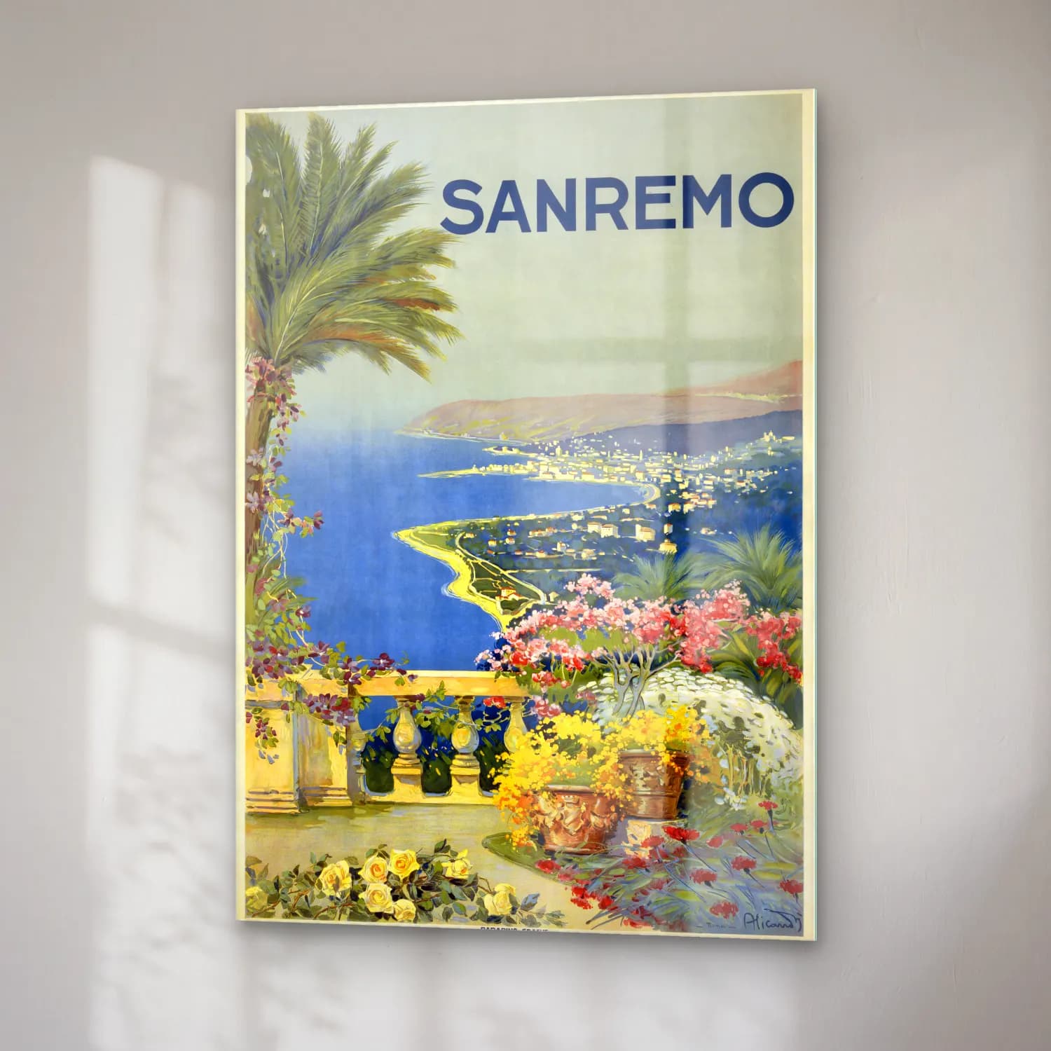 Vintage Poster Akdeniz Sahil Kasabası No. 28 cam tablo — sağ açıdan görünüm