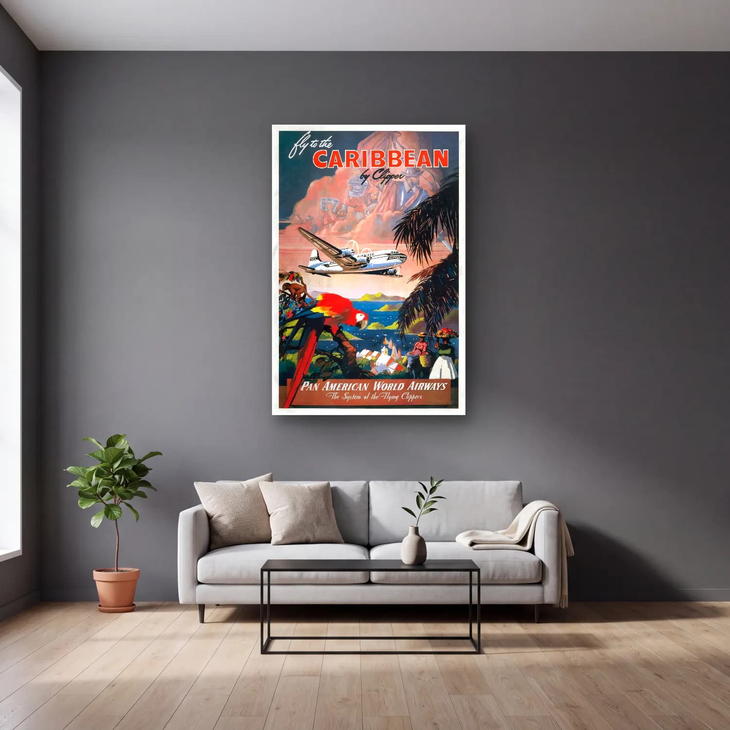 Vintage Poster Uçak – Turkuaz Tonlar cam tablo — gri duvarlı salonda