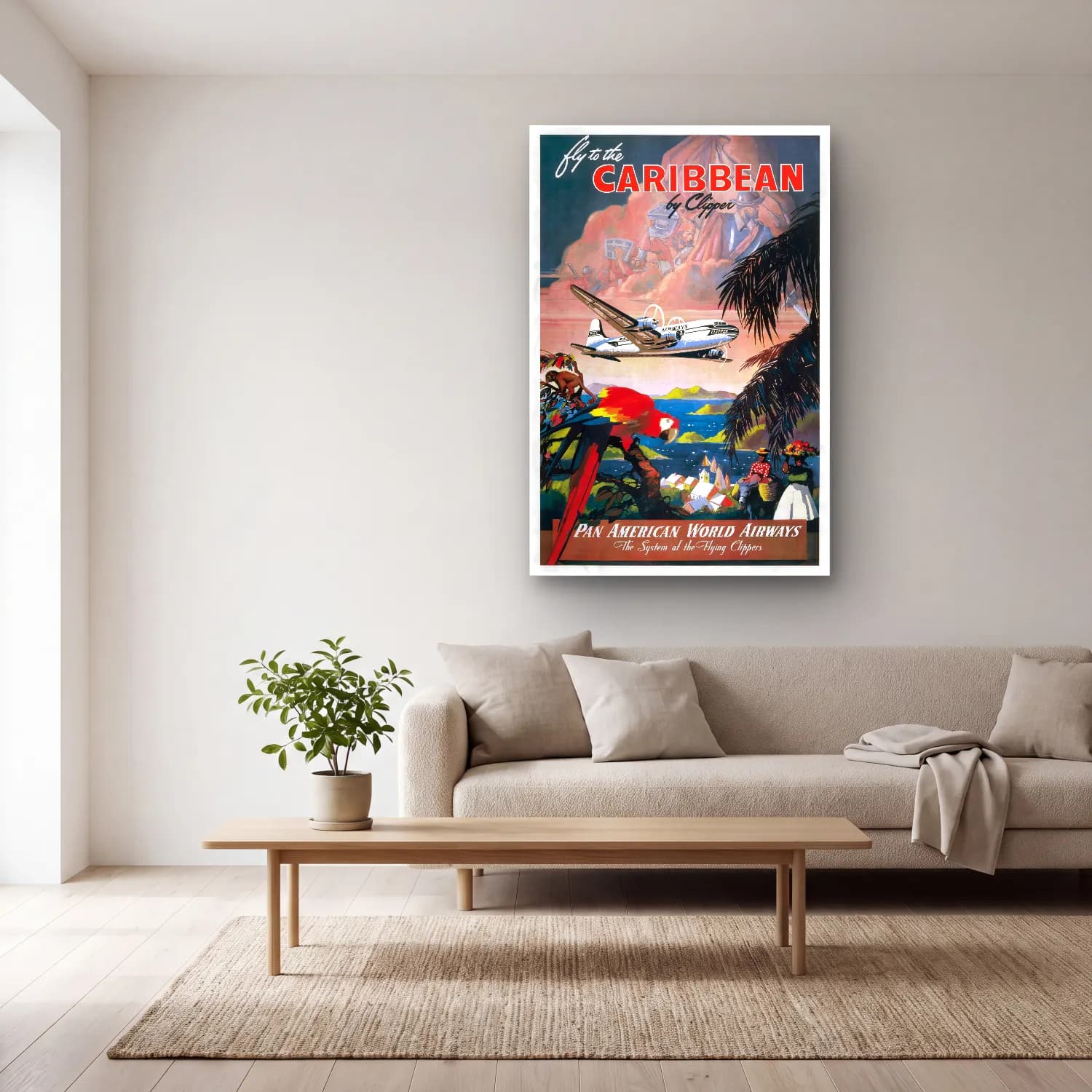 Vintage Poster Uçak – Turkuaz Tonlar cam tablo — açık renk salonda