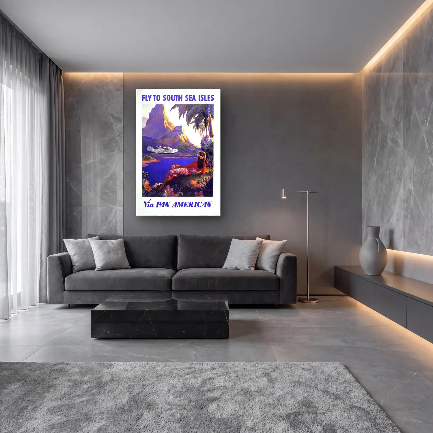 Vintage Poster Uçak – Siyah Beyaz Tonlar cam tablo — lüks salon duvarında