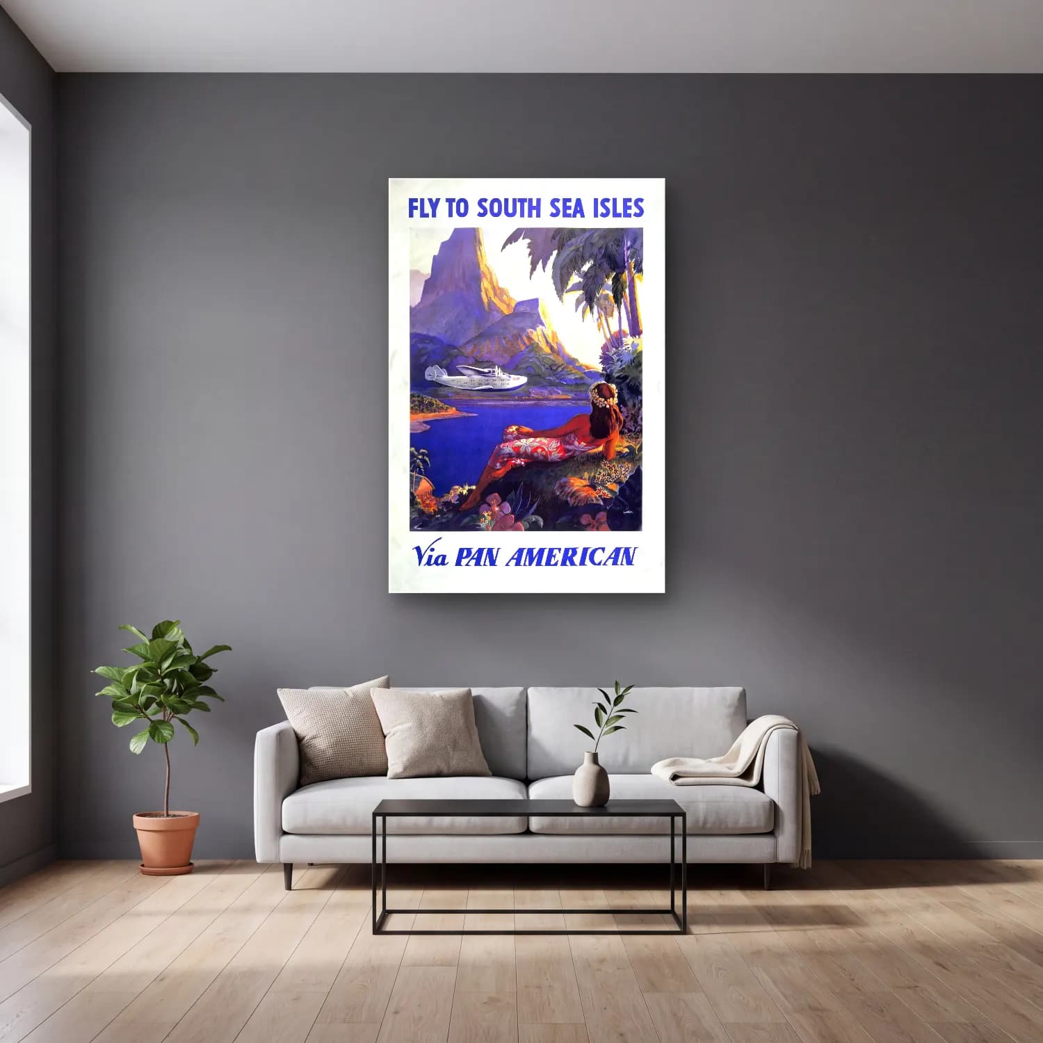 Vintage Poster Uçak – Siyah Beyaz Tonlar cam tablo — gri duvarlı salonda
