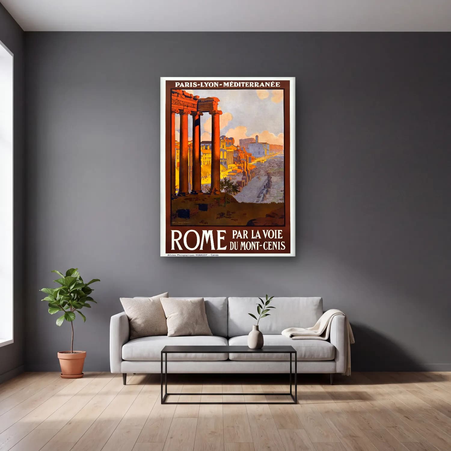 Vintage Poster Roma – Turuncu Tonlar cam tablo — gri duvarlı salonda