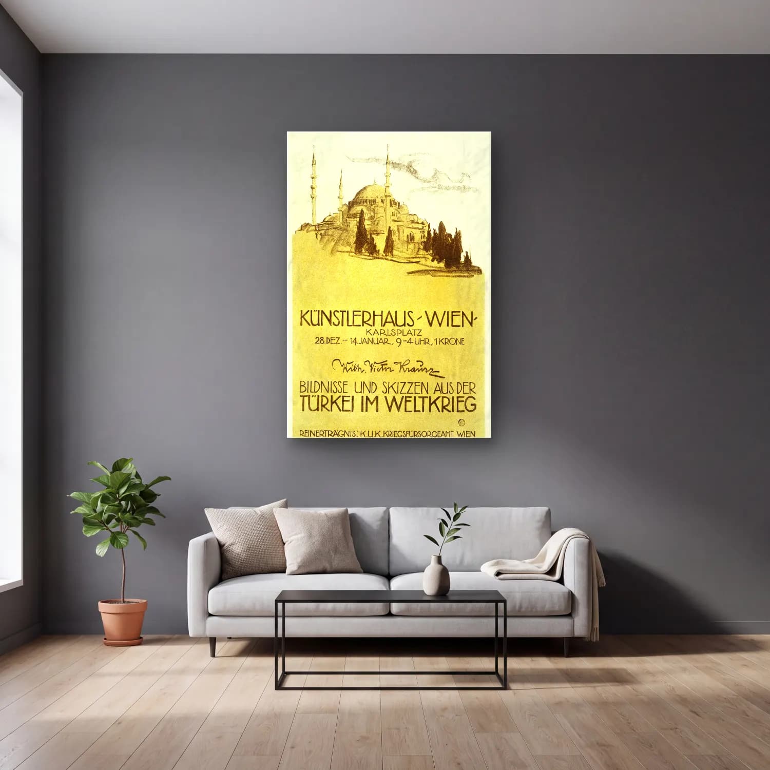 Vintage Poster İstanbul – Bej Tonlar cam tablo — gri duvarlı salonda