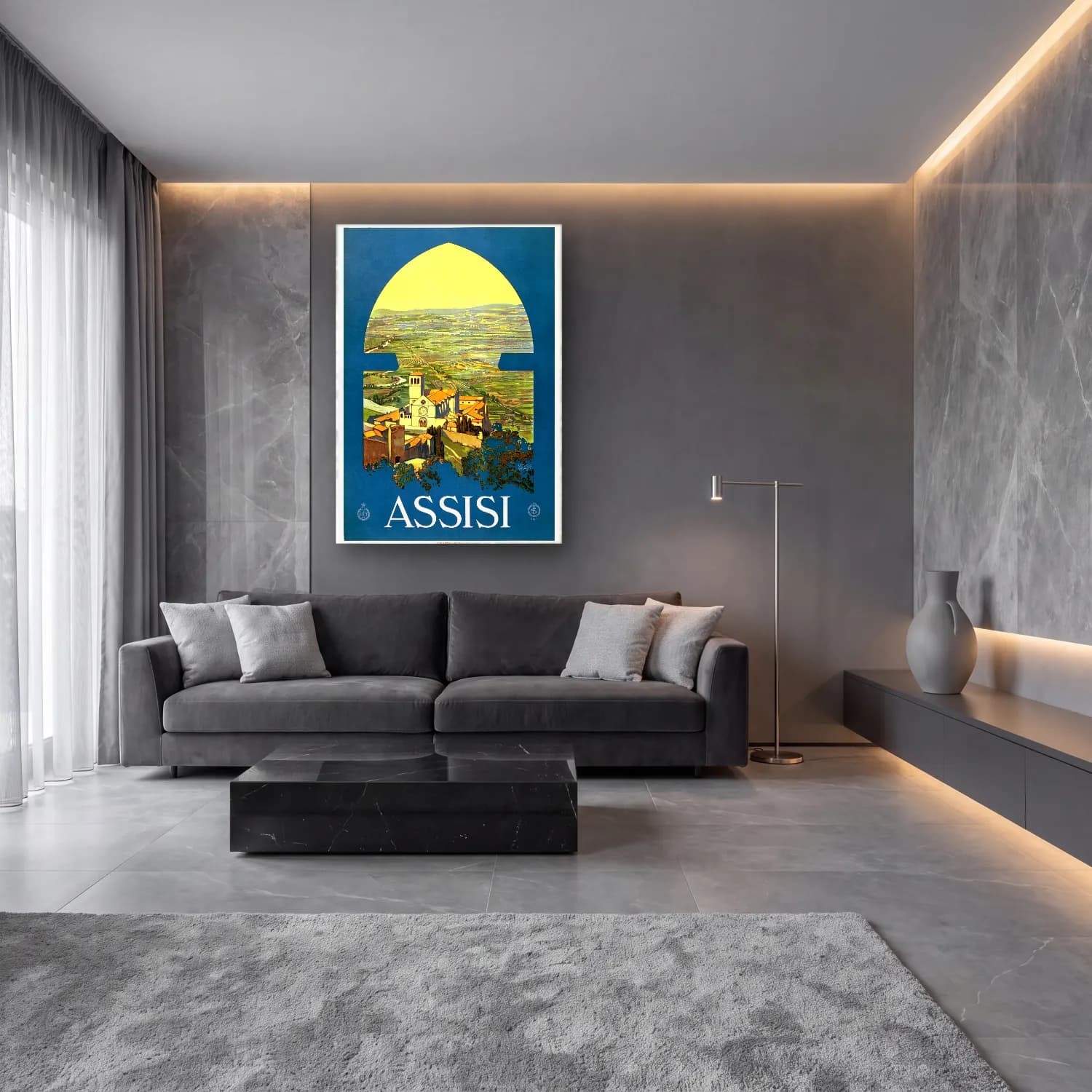 Vintage Poster Akdeniz Sahil Kasabası – Mavi Tonlar cam tablo — lüks salon duvarında