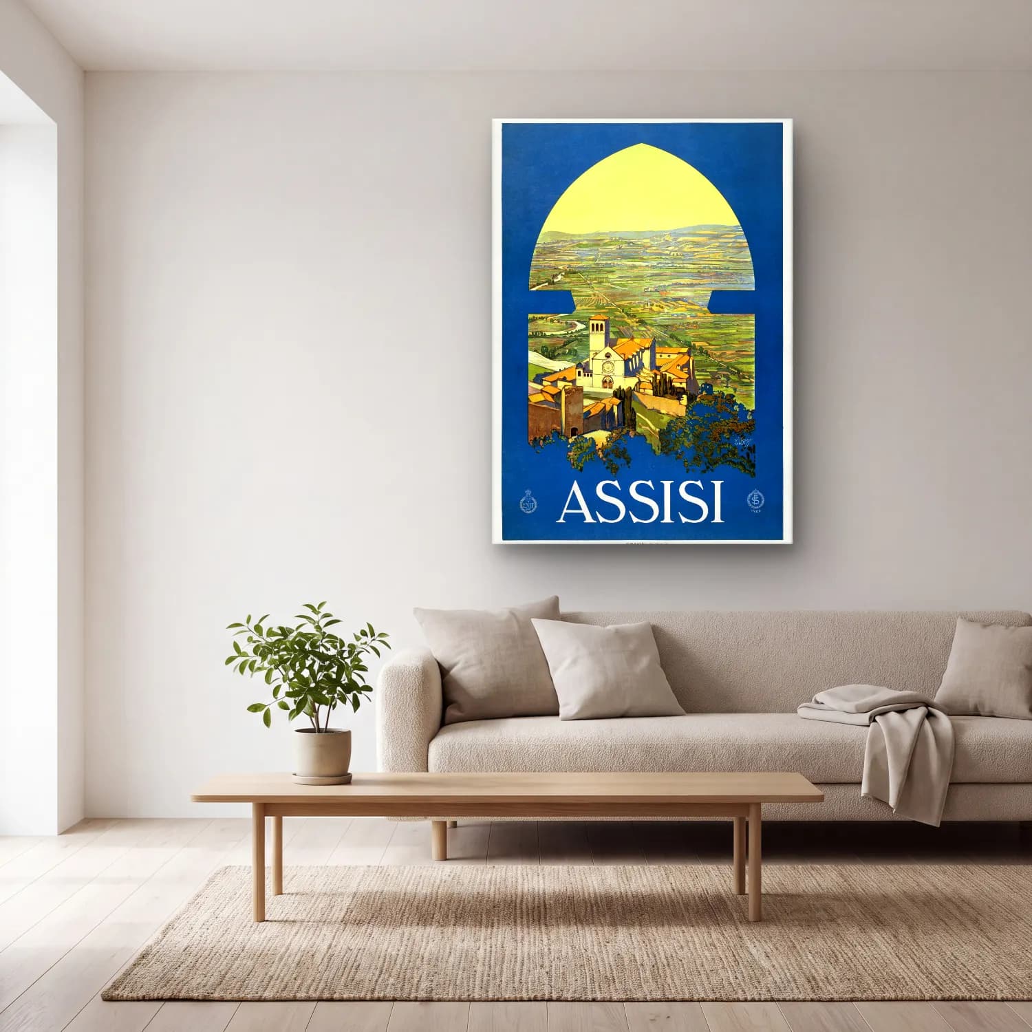 Vintage Poster Akdeniz Sahil Kasabası – Mavi Tonlar cam tablo — açık renk salonda