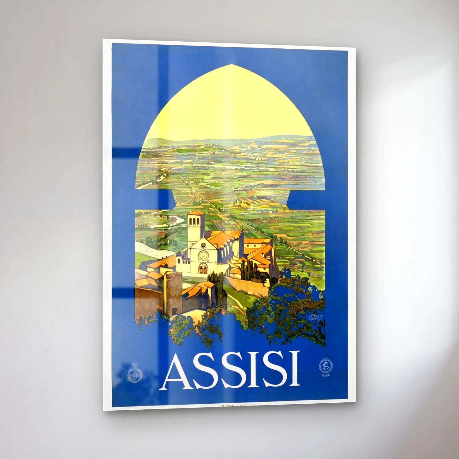 Vintage Poster Akdeniz Sahil Kasabası – Mavi Tonlar cam tablo — sol açıdan görünüm