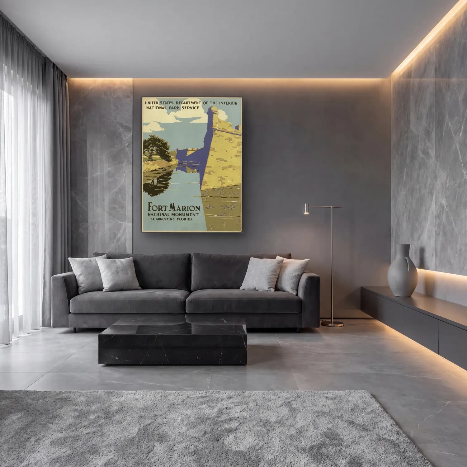 Vintage Poster Şato – Turkuaz Tonlar cam tablo — lüks salon duvarında