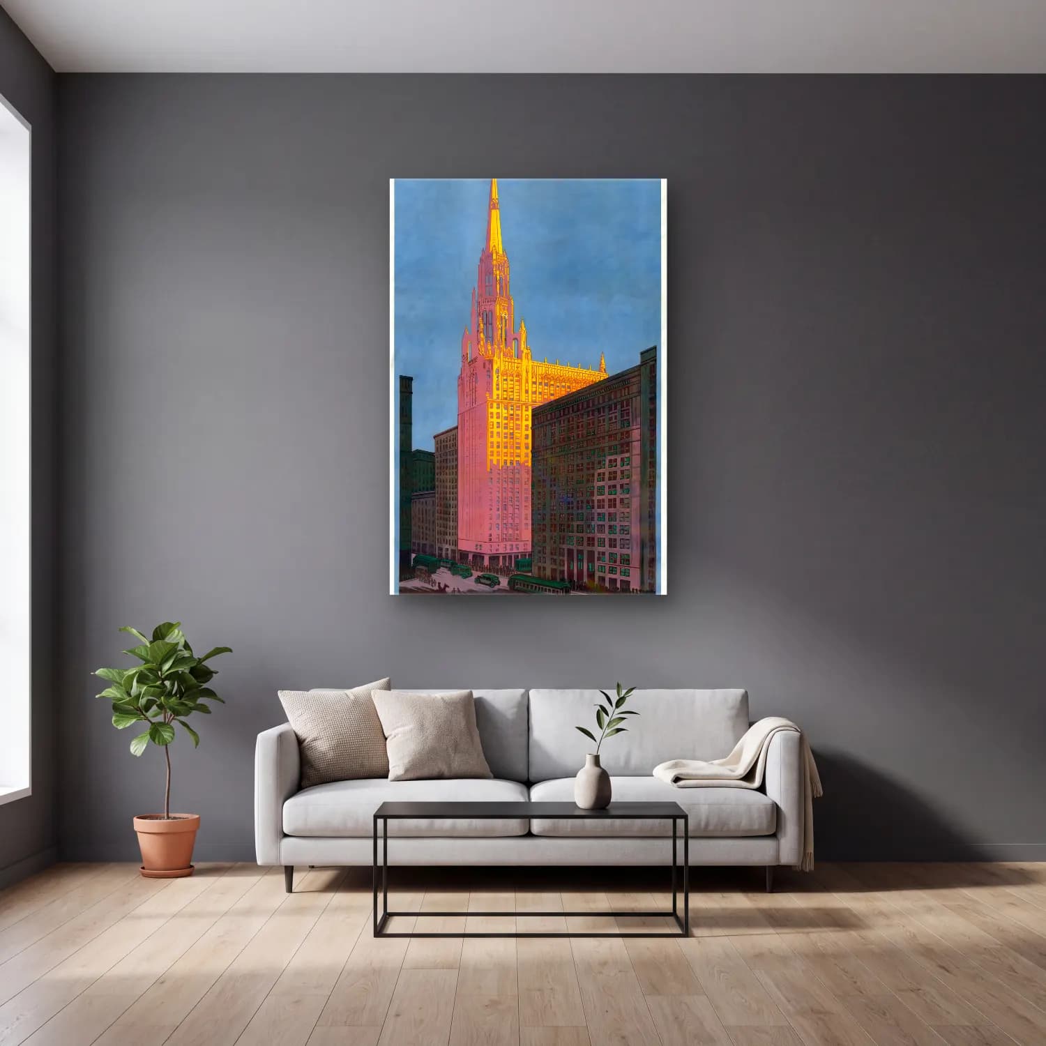 Vintage Poster Katedral No. 26 cam tablo — gri duvarlı salonda